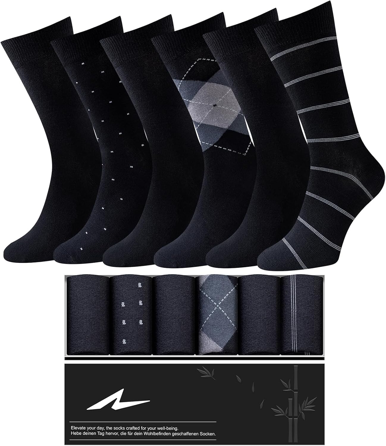 Niorasen Men's Bamboo Rayon Dress Socks, 6 Pairs, Mid Calf