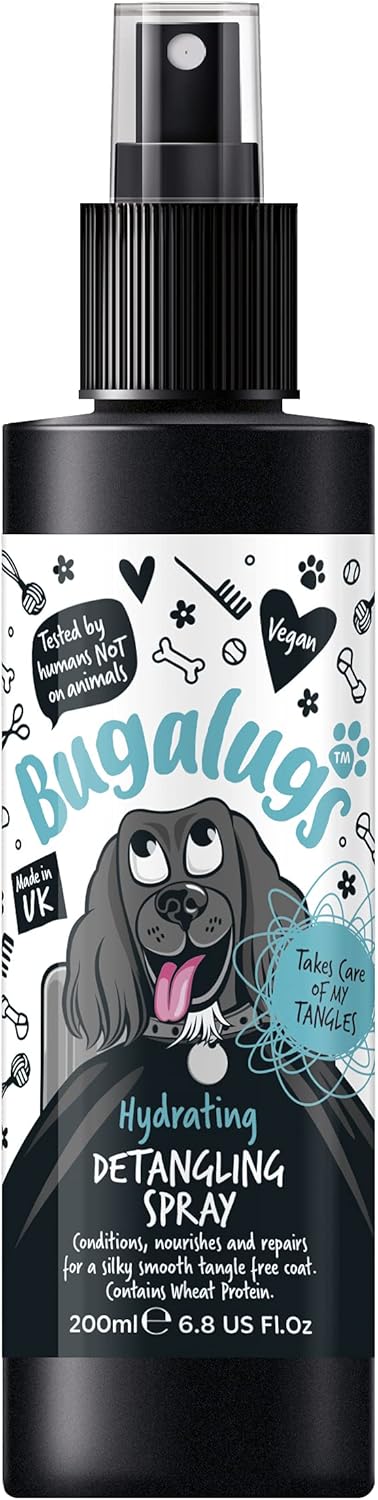 Bugalugs Dog Detangler Spray - leave In conditioner spray for de matting. No tangles. Professional dog grooming formula contains Wheat protein. Pet detangling spray knot removal (200ml)