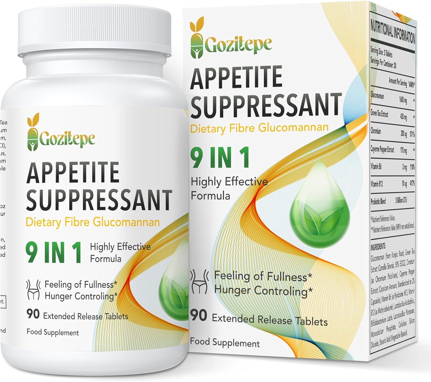 9-in-1 Vegan Appetite Suppressant for Women – High Strength Glucomannan 1600mg, Green Tea (50% EGCG), Cayenne, Chromium & B Vitamins – 90 Extended Release Tablets