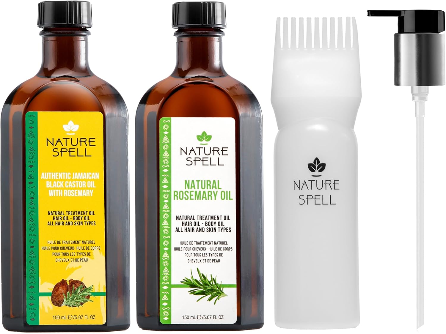Nature Spell Rosemary Oil for Hair Growth & Pre-Diluted Jamaican Black Castor Oil, Hair Care Set With Applicator & Pump, 2 x 150ml