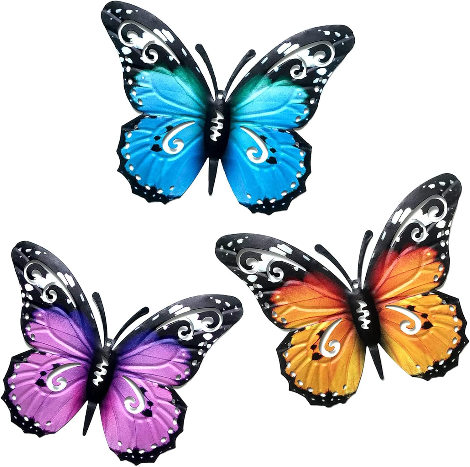 SUNNEKO 3 PCS Large Metal Butterfly Garden Ornaments Outdoor, Metal Wall Art Big Butterfly Decorations for Outside Garden Shed Fences Yard Decorations Wall Hanging
