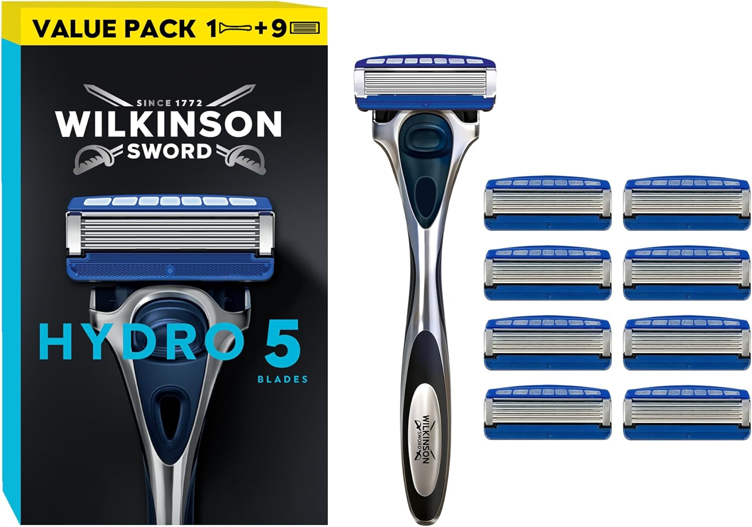 Wilkinson Sword Hydro 5 Men’s Razor, Great Addition to Wash Bags for Men's Grooming, Great Shavers for Routine Shaving, 1 Reusable Handle plus 9 Blades Refills Pack