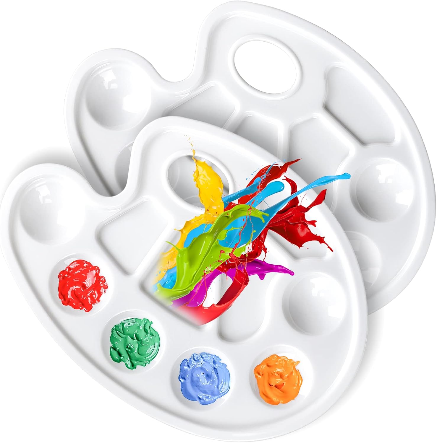 FANDAMEI Oval Paint Palette Tray, Plastic Paint Tray Palette, Painting Palette, Paint Tray Palettes Paint Pallets with Thumb Hole for Adults & Kids, for Painting or DIY Craft Class, White, 2 PCS