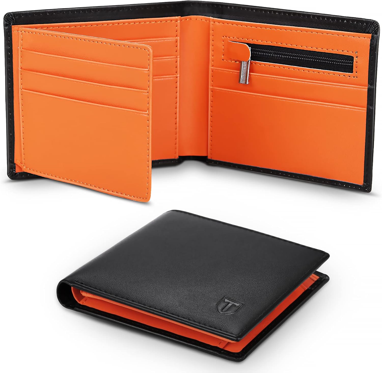 TEEHON® Wallets Slim Genuine Leather RFID Blocking Wallet with 11 Card Holder, 2 banknote compartments, Coin Pocket, Minimalist Wallets for Men UK with Gift Box - Black and Orange
