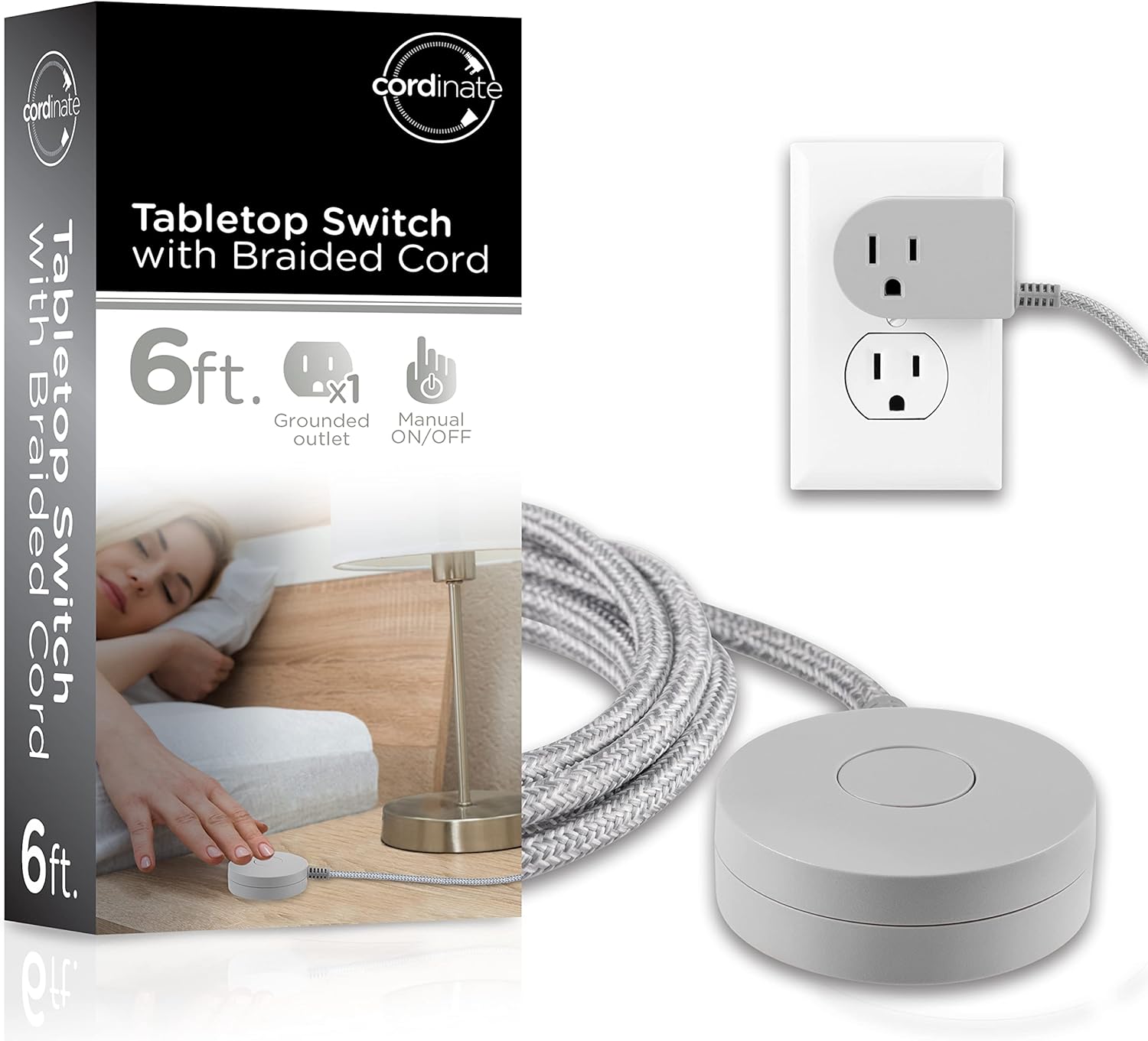 Cordinate Extension Cord with Switch On/Off Plug, 6 Ft Braided Power Cord Outlet Switch, 3 Prong, Slip Resistant Base, Tabletop or Wall Mount, Perfect for Lamps/Holiday Lights, Gray, 48050