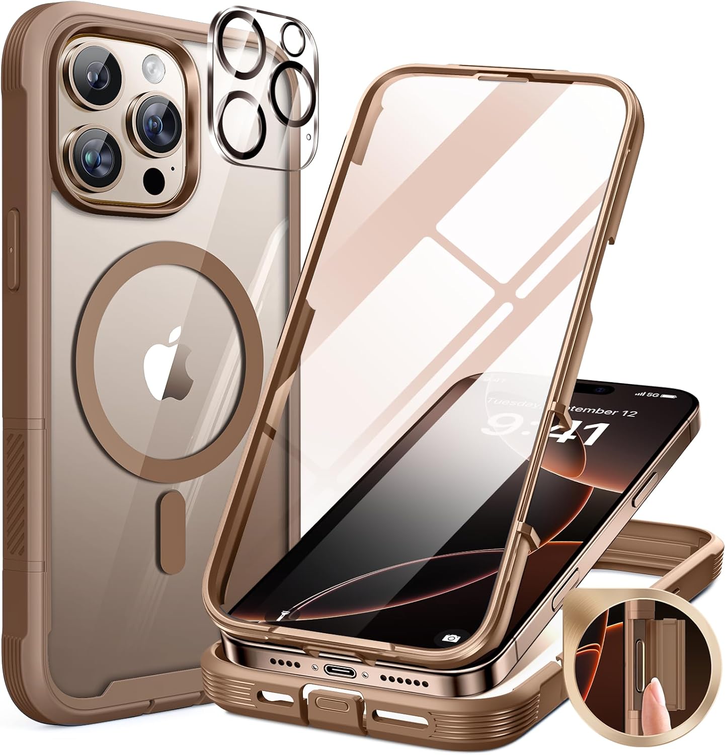 Miracase for iPhone 16 Pro Max Case 6.9'', [Bubble Free] Full-Body Bumper Phone case with Built-in Full Glass Screen &Lens Protector,Compatible with MagSafe,Drop Proof 16 Pro Max Cover,Desert Brown