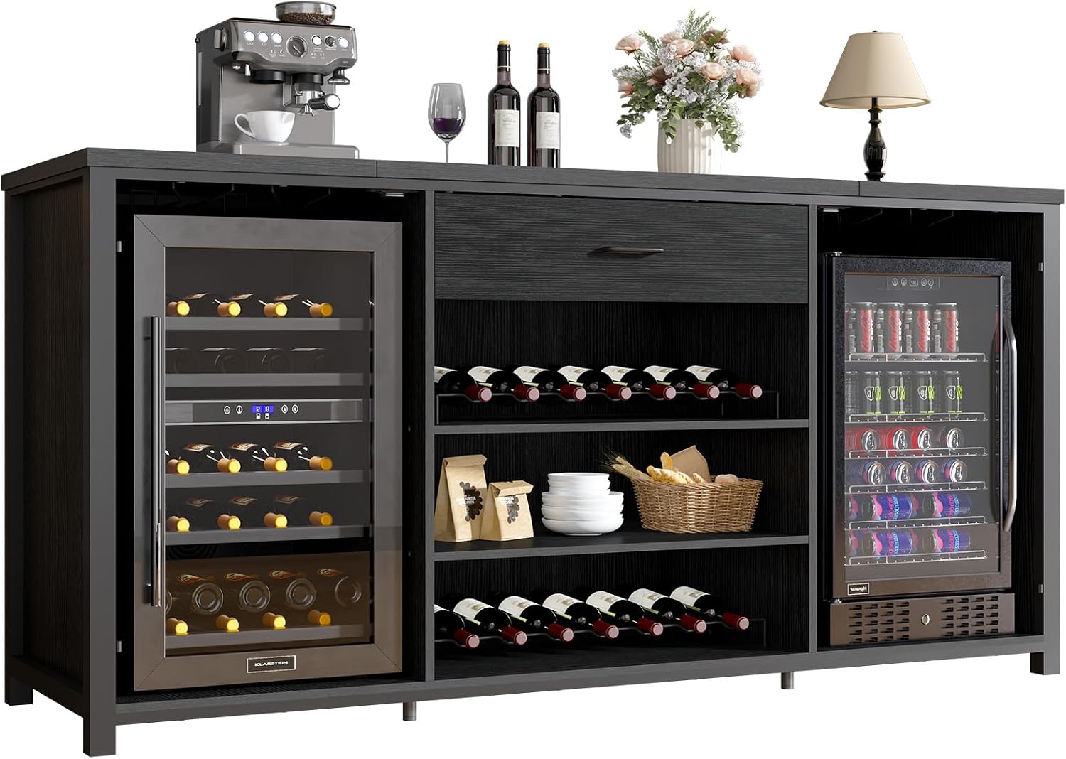 LVB Long Home Bar Cabinet with Fridge Space, Modern Wood Metal Large Wine Liquor Cabinet with Rack, Big Wide Sideboard Buffet Cabinet with Drawer Storage for Kitchen Dining Room, Black Oak, 180 CM