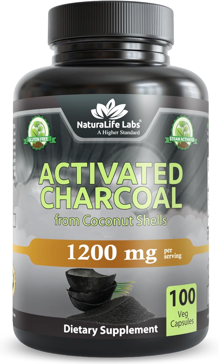 NaturaLife Labs Activated Charcoal 1200 mg per Serving – from Coconut Shells – 100 Veg Capsules – Non-GMO, Gluten-Free, Vegan