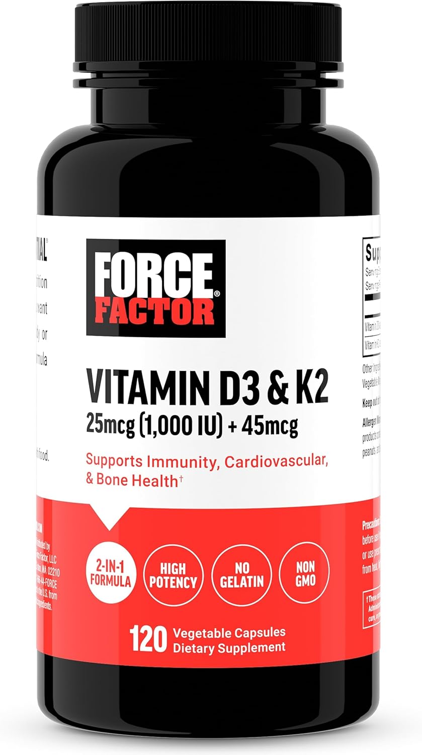 Force Factor Vitamin D3 K2 to Support Immunity, Heart Health, Bone Support, and More, High-Potency 2-in-1 Formula, Vegan, No Gelatin, Non-GMO, 120 Capsules