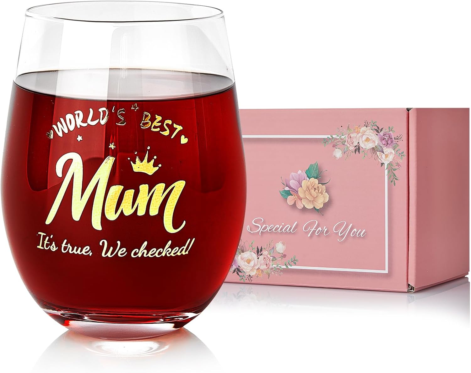 TOONGEEN Mum Birthday Gifts for Women Her, Personalised Mothers Day Gift Stemless Red Wine Glasses for Mum, Ideas Birthday Christmas Crystal Presents for Mom Gifts from Daughter Son, 19 Oz