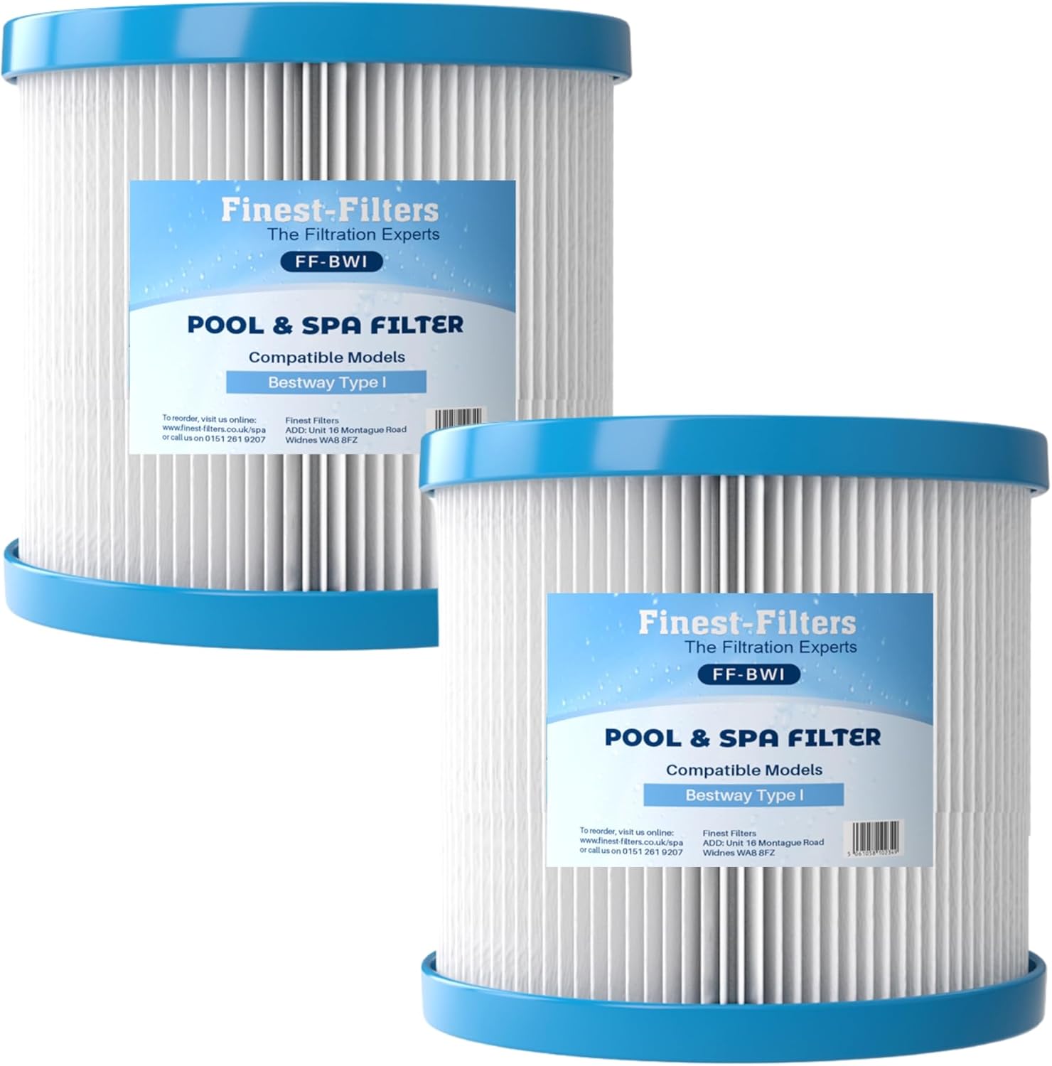 Finest-Filters Compatible With Bestway Type I Size 1 Filter Cartridge, Bestway Hot Tub Spa and Swimming Pool 58093-17 Filter, Pool Spa Cleaning Filter Type 1 (Pack of 2)