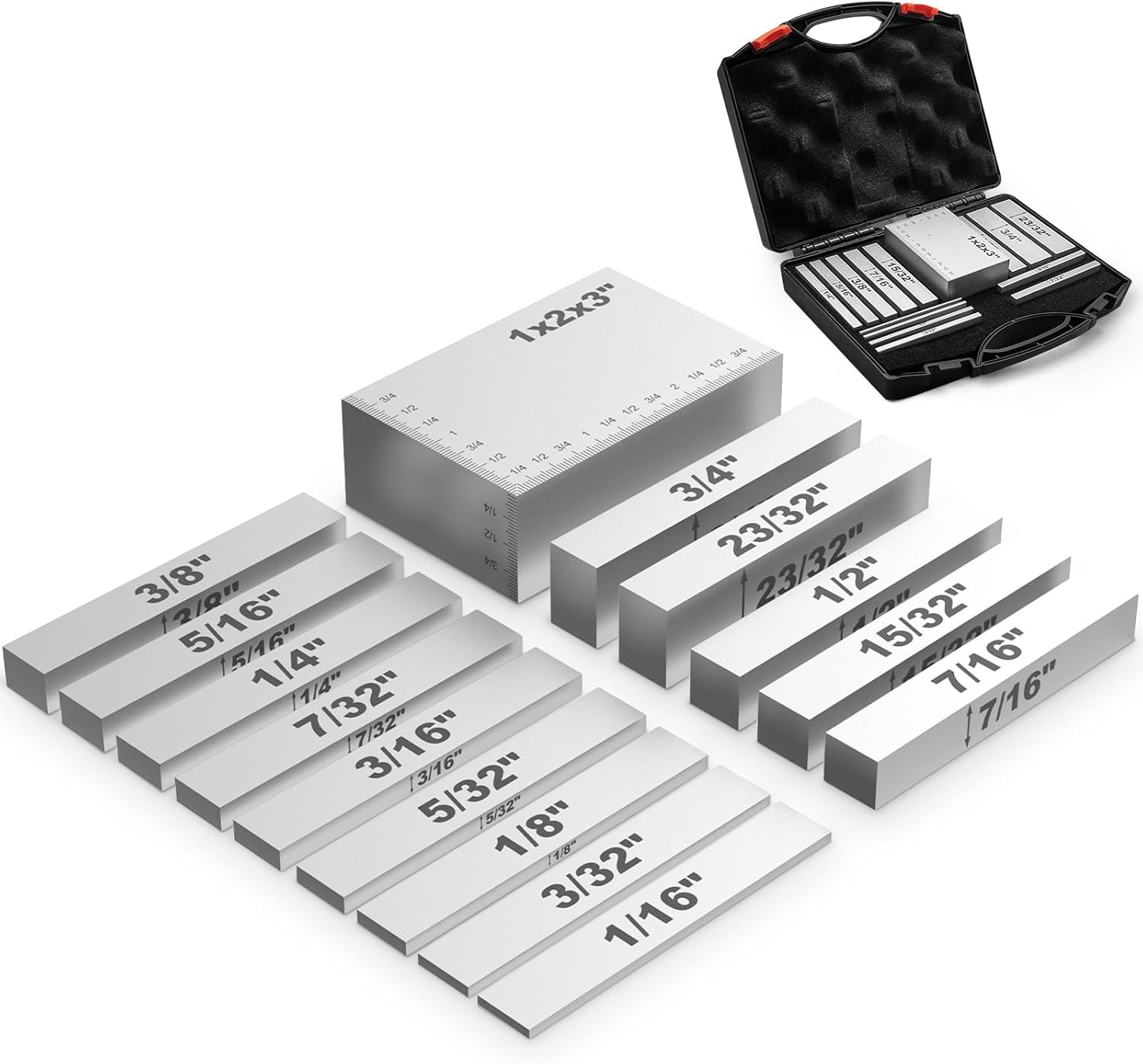 Setup Blocks Height Gauge Set, 15 Pcs Fractional Imperial Set up Bars with Laser-Engraved Markings, Precision Woodworking Joinery Gauging for Router and Table Saw, All Aluminum