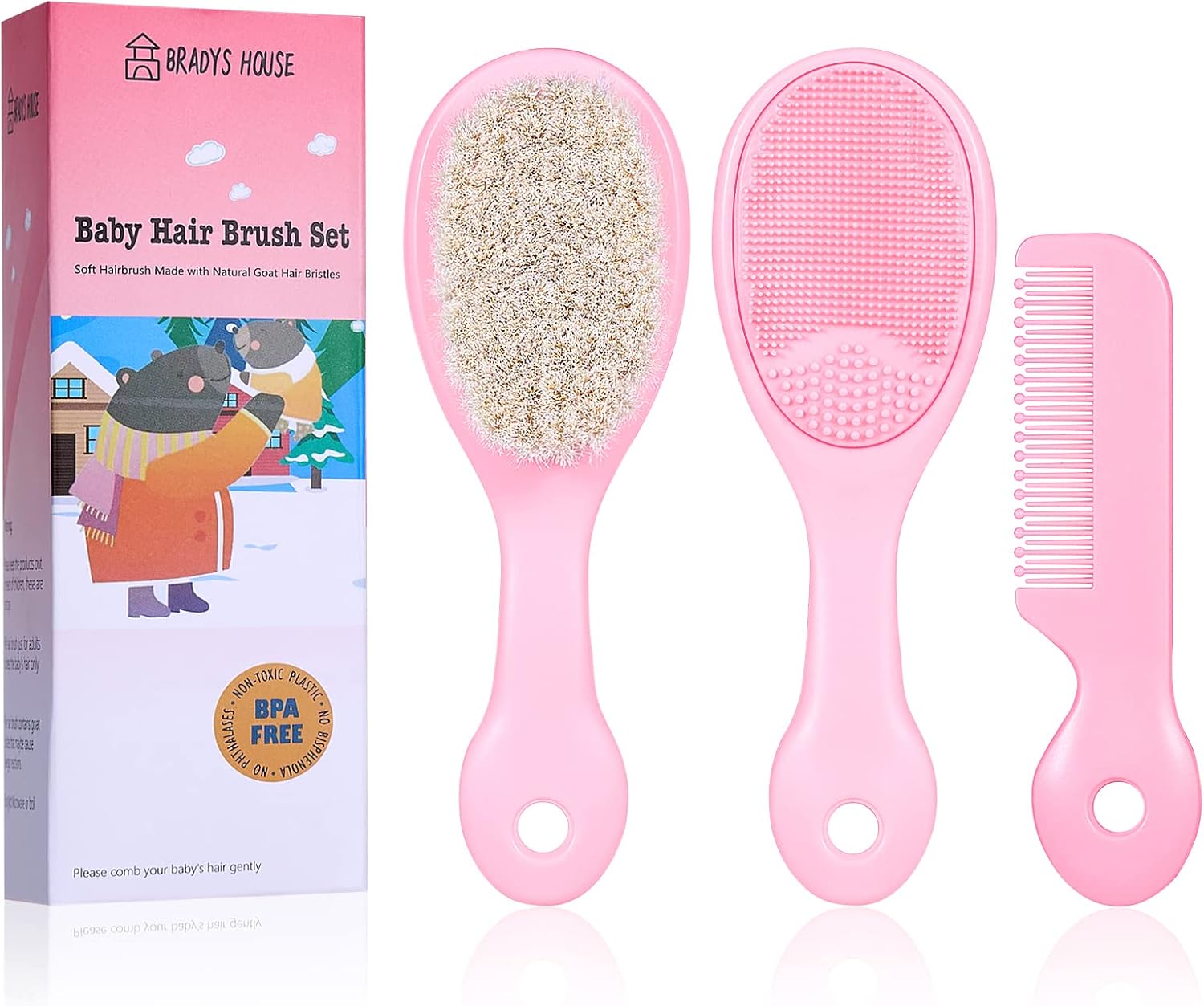 3 Piece Baby Hair Brush and Comb Set for Newborns and Toddlers (Pink)
