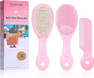 3 Piece Baby Hair Brush and Comb Set for Newborns and Toddlers (Pink)