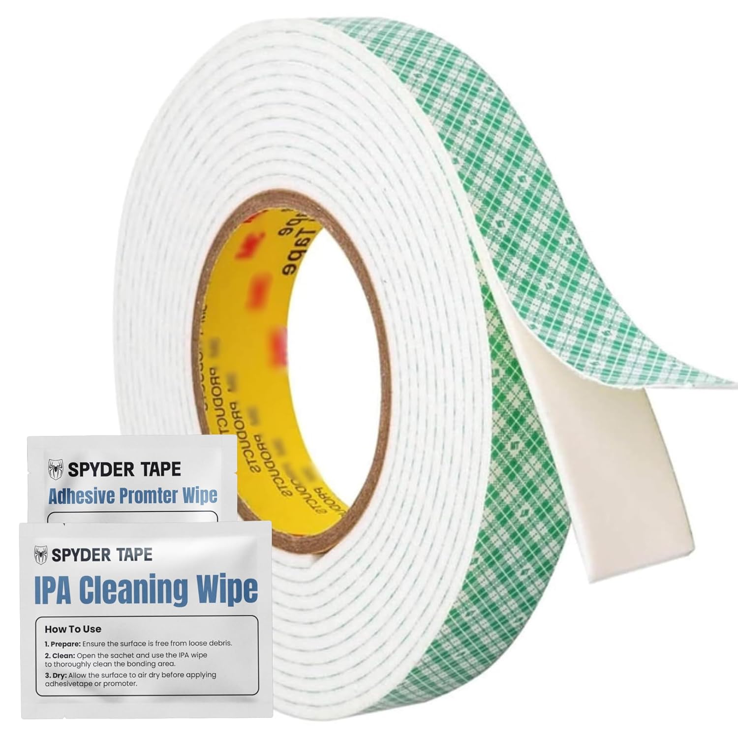Spyder Tape 4026 Heavy-Duty Double Coated Urethane Foam Tape - 10mm x 10m - High Temperature Resistant Professional Mounting + IPA & Adhesion Promoter Wipes for Maximum Bond Strength - Indoor/Outdoor