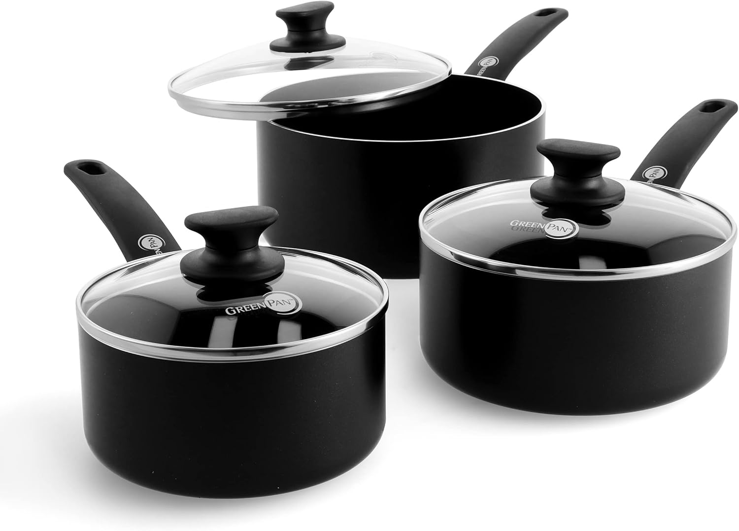 GreenPan Cambridge Healthy Ceramic Non-Stick Saucepan Set ,16cm/1.5L, 18cm/2.1L and 20cm/3.1 L Pot Set with lids, PFAS-Free, Induction, Oven Safe, Black