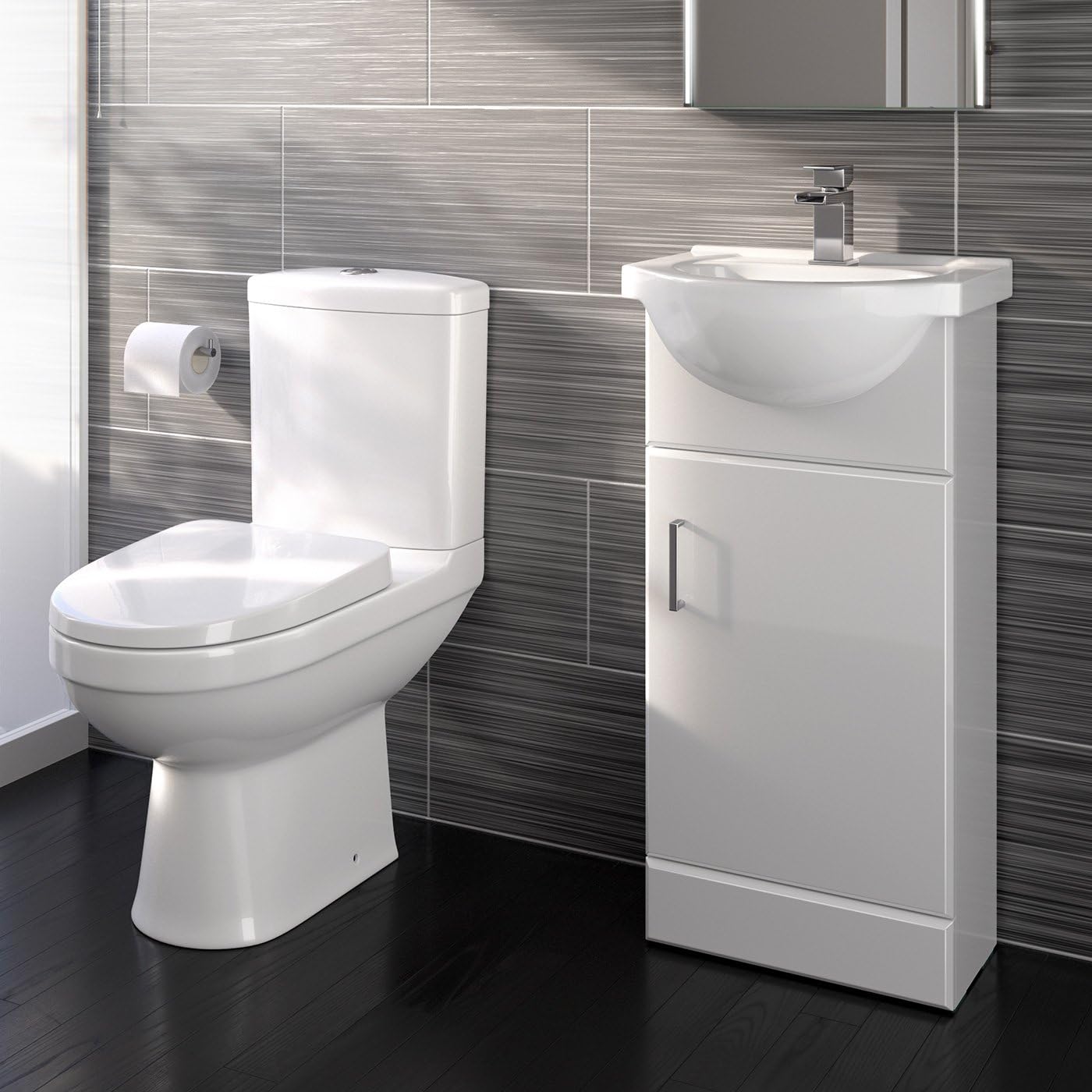 iBathUK Modern Close Coupled Toilet Bathroom Vanity Storage Unit Basin Cloakroom Set (Assembled)