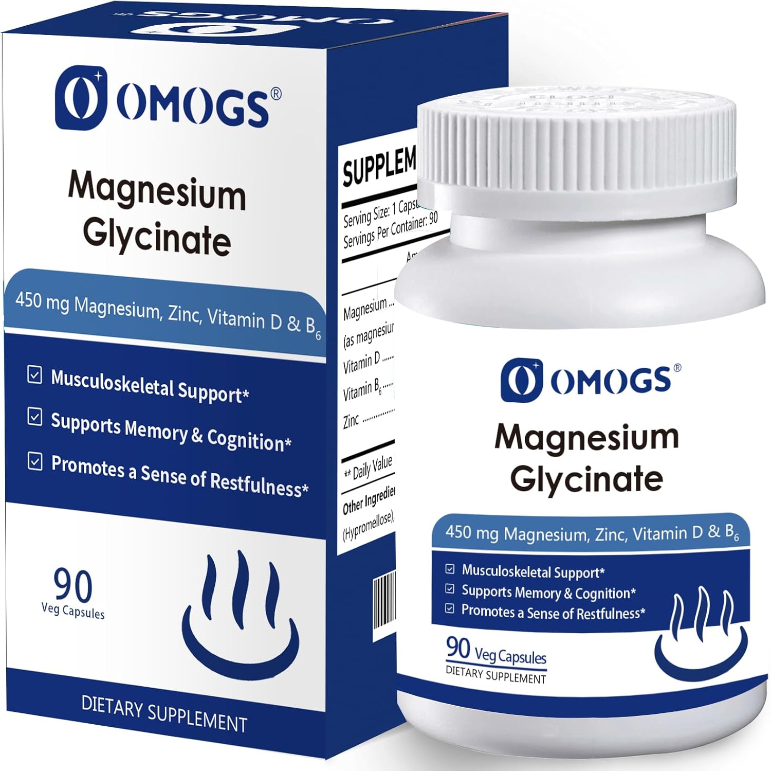 OMOGS High Absorption Magnesium Glycinate, for Supporting Sleep, Muscle Relaxation, Heart Health & Bone Health, Gluten Free, Non-GMO, 90 Vegetarian Capsules
