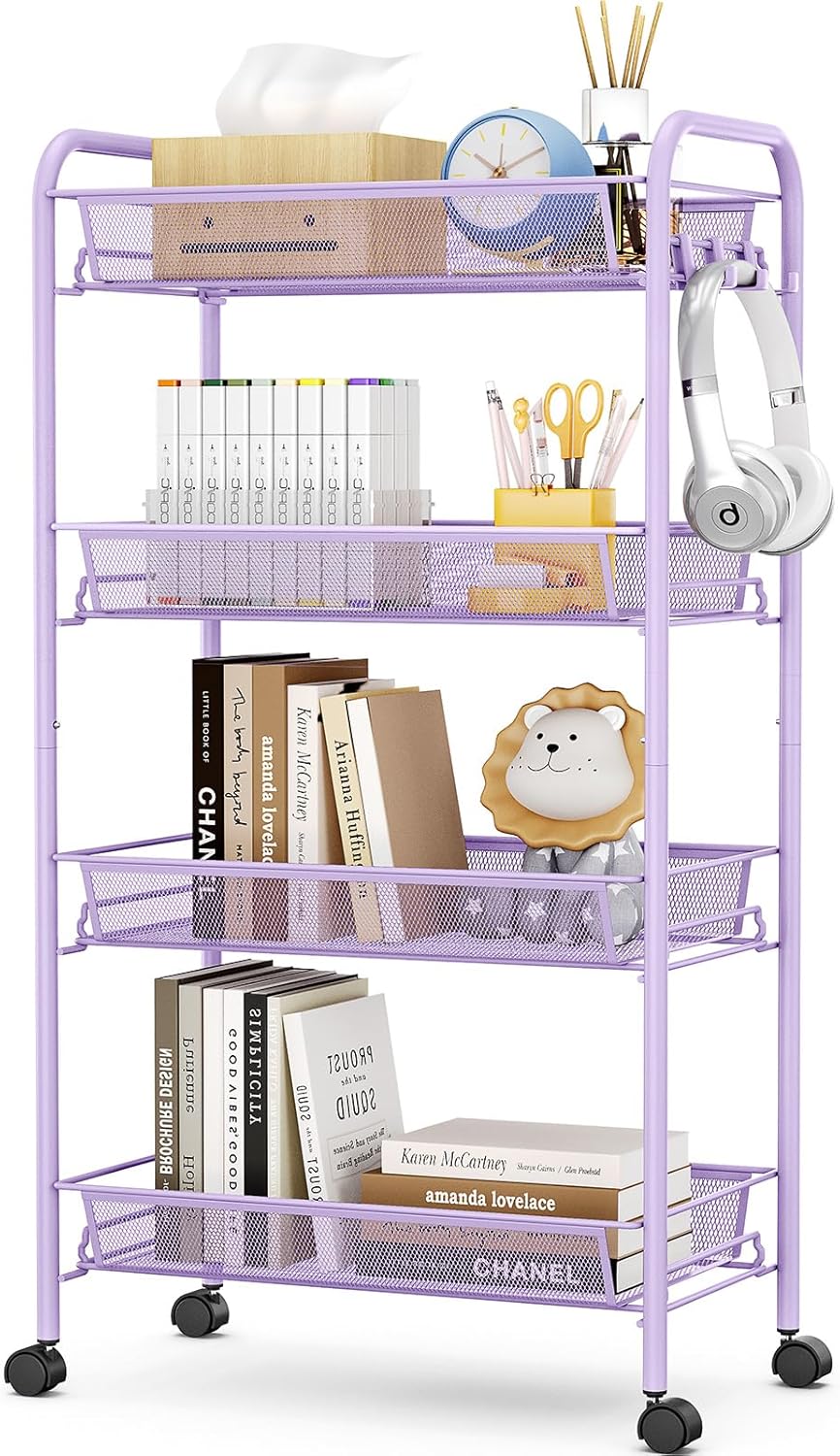 APEXCHASER 4-Tier Rolling Cart,Easy Assemble Mobile Storage Trolley On Wheels,Slide Out Utility Cart Shelving Units Kitchen Bathroom Laundry Room