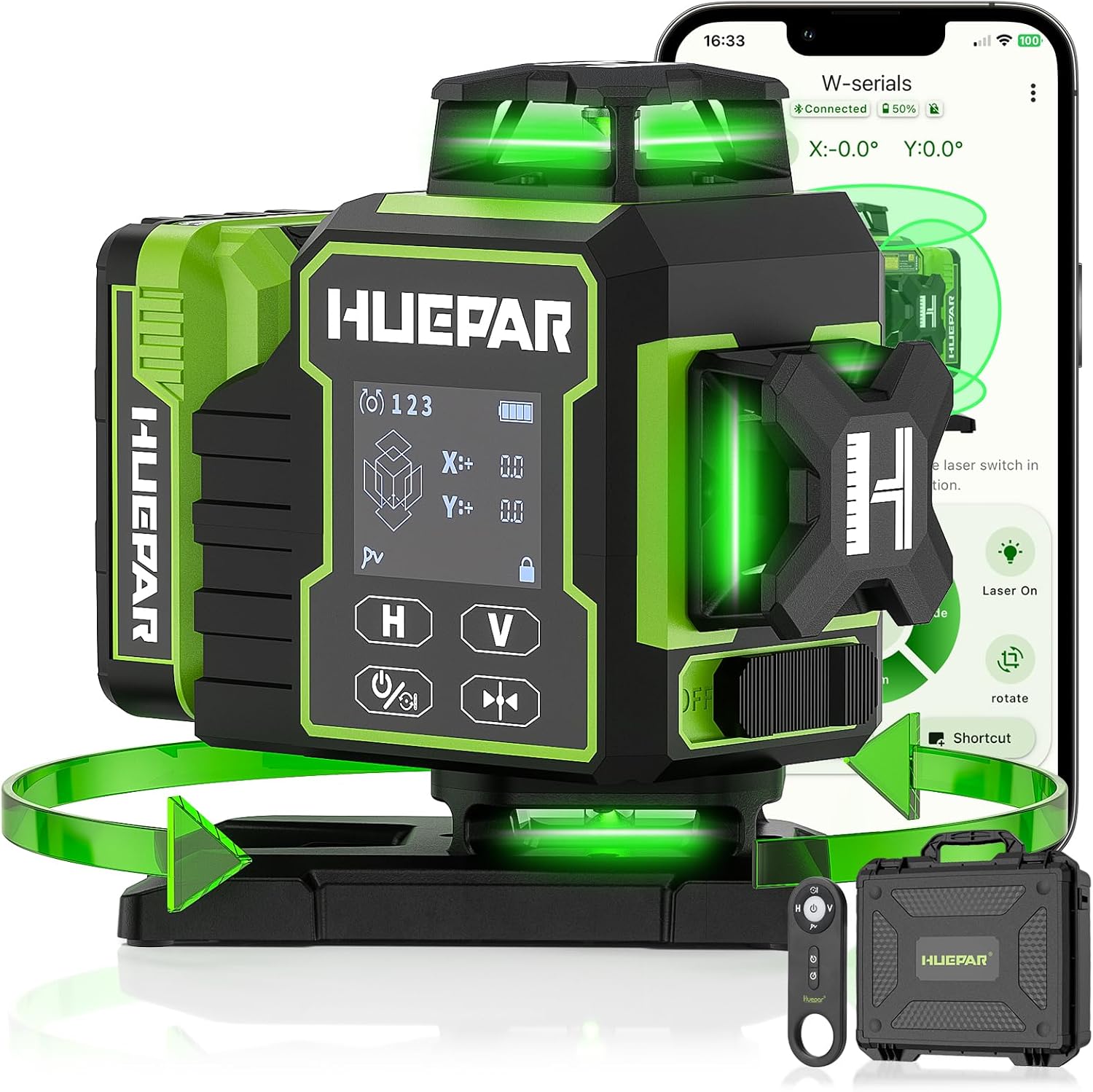 Huepar Laser Level 360 Self Leveling, W04CG Upgraded 4x360° Bluetooth Construction Lazer Leveler Tool with Electric Rotating Base ＆ Large LCD Screen, 4D 16 Lines Green Cross Line Laser Level