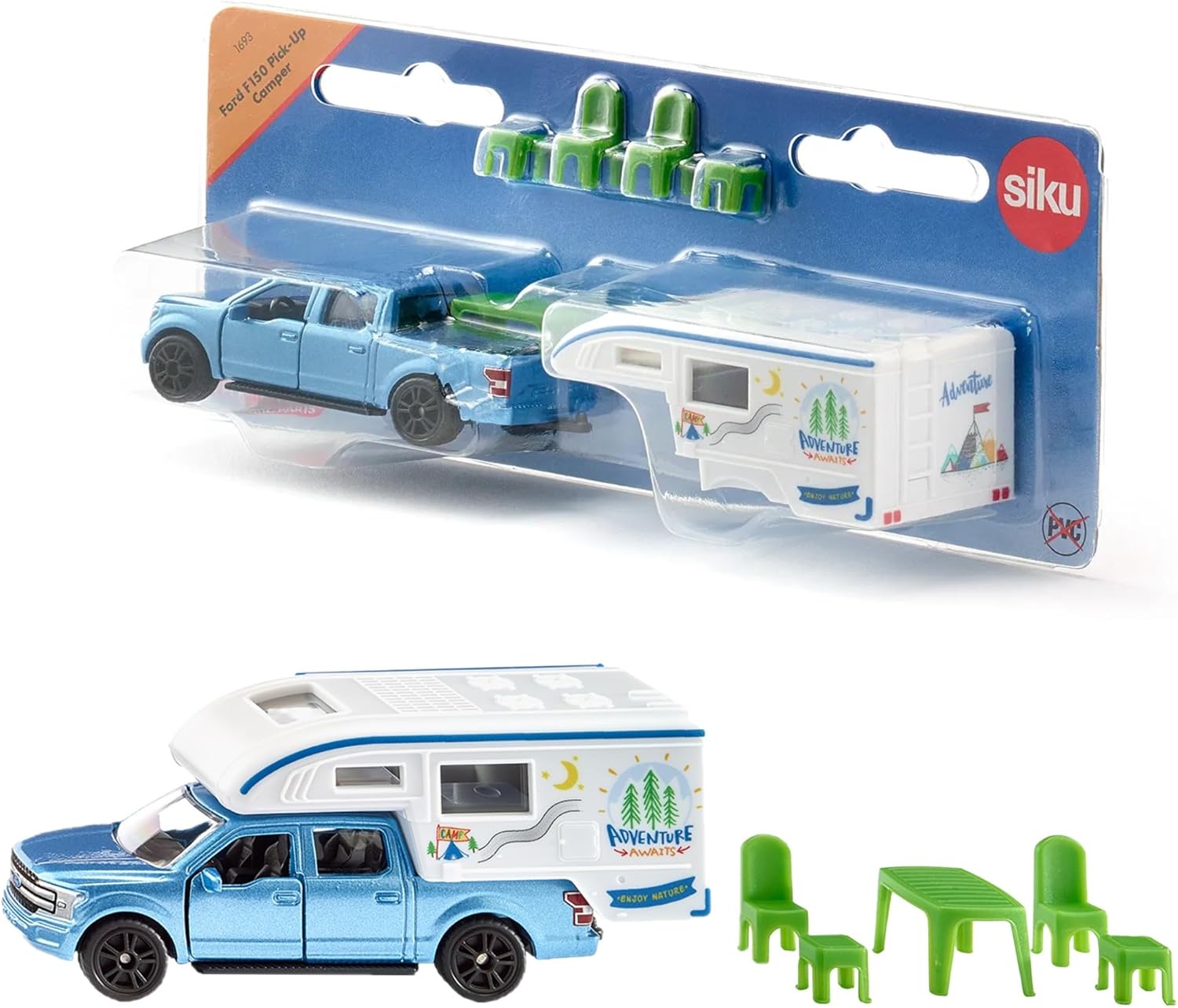 Siku 1693, Ford F150 Pick-Up Camper, Metal/Plastic, Blue/White, Chairs, Stool and Table, Extendable Awning