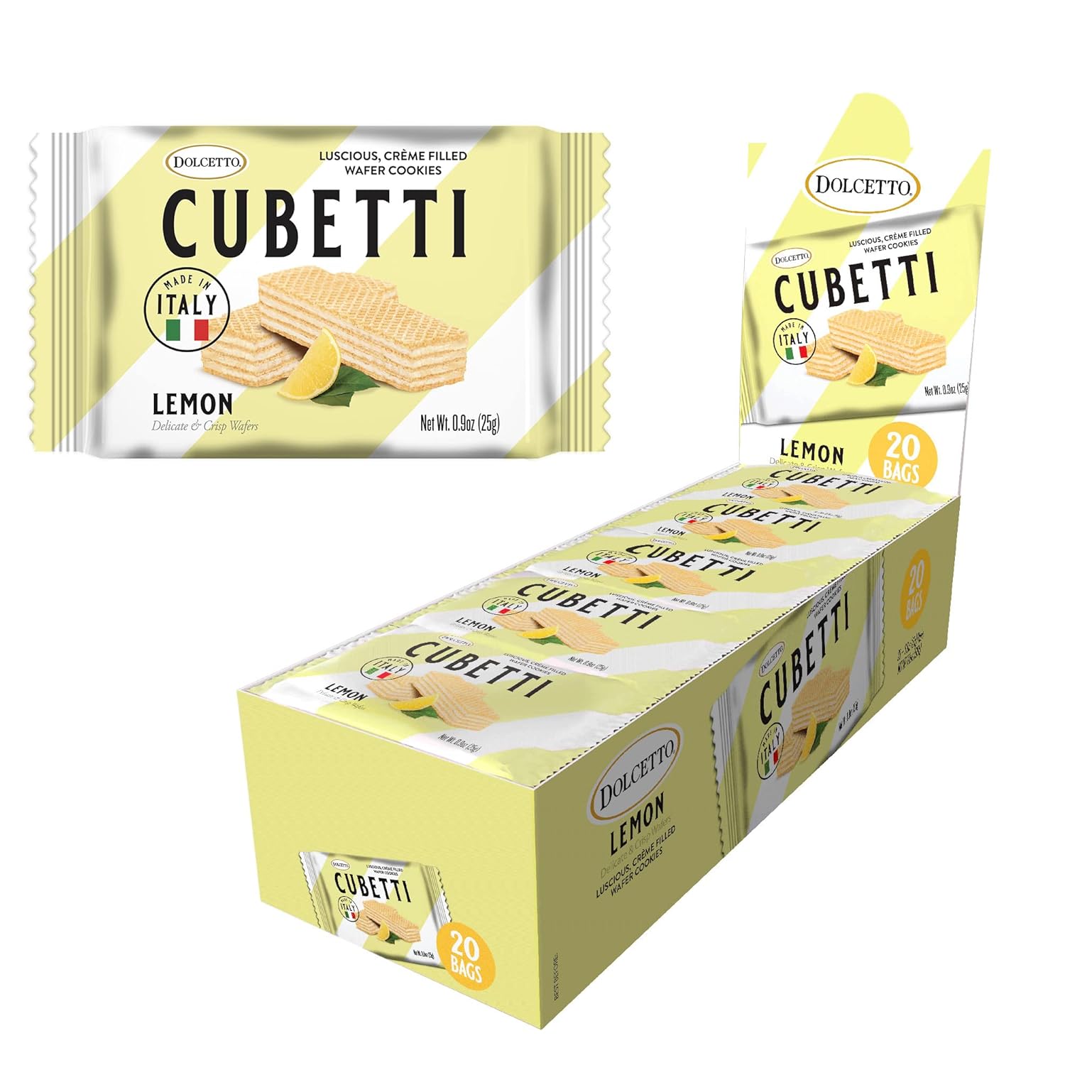 Dolcetto Cubetti Wafer Cookies, Lemon Flavor, 8.8 Ounce (Pack of 20), Cream Filled Bite Sized Crispy Wafer Cookies, Made in Italy, Halal