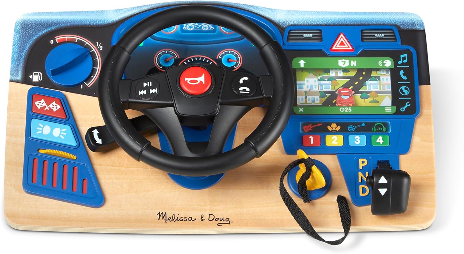 Melissa & Doug Vroom & Zoom Dashboard Toy, Wooden Dashboard, Toy with lights and sound effects, Realistic play steering wheel, Pretend Play, Ages 3,4,5, Gift for Boy or Girl - FSC Certified