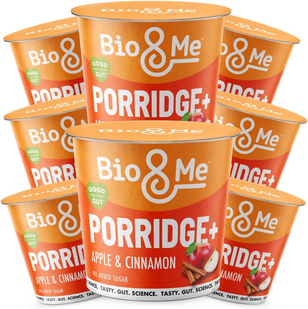 Bio&Me: Apple and Cinnamon Gut-Loving Porridge 8-Pack (8 x 65g pots) - High in Fibre, Low Sugar - On The Go Breakfast
