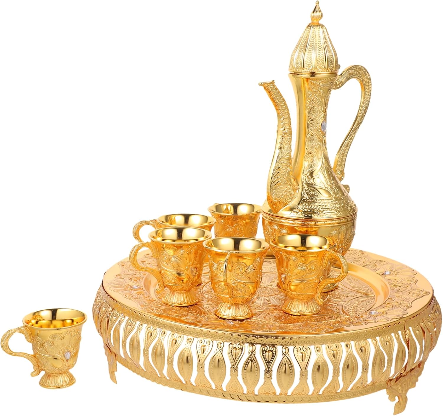 ULTECHNOVO 1Set Vintage Tea Set with Metal Wine Cups Retro Serving Set Decorative Tea Pot and Tray Artistic Wine Kettle for Home and Office Elegant Present for Tea Lovers and Special