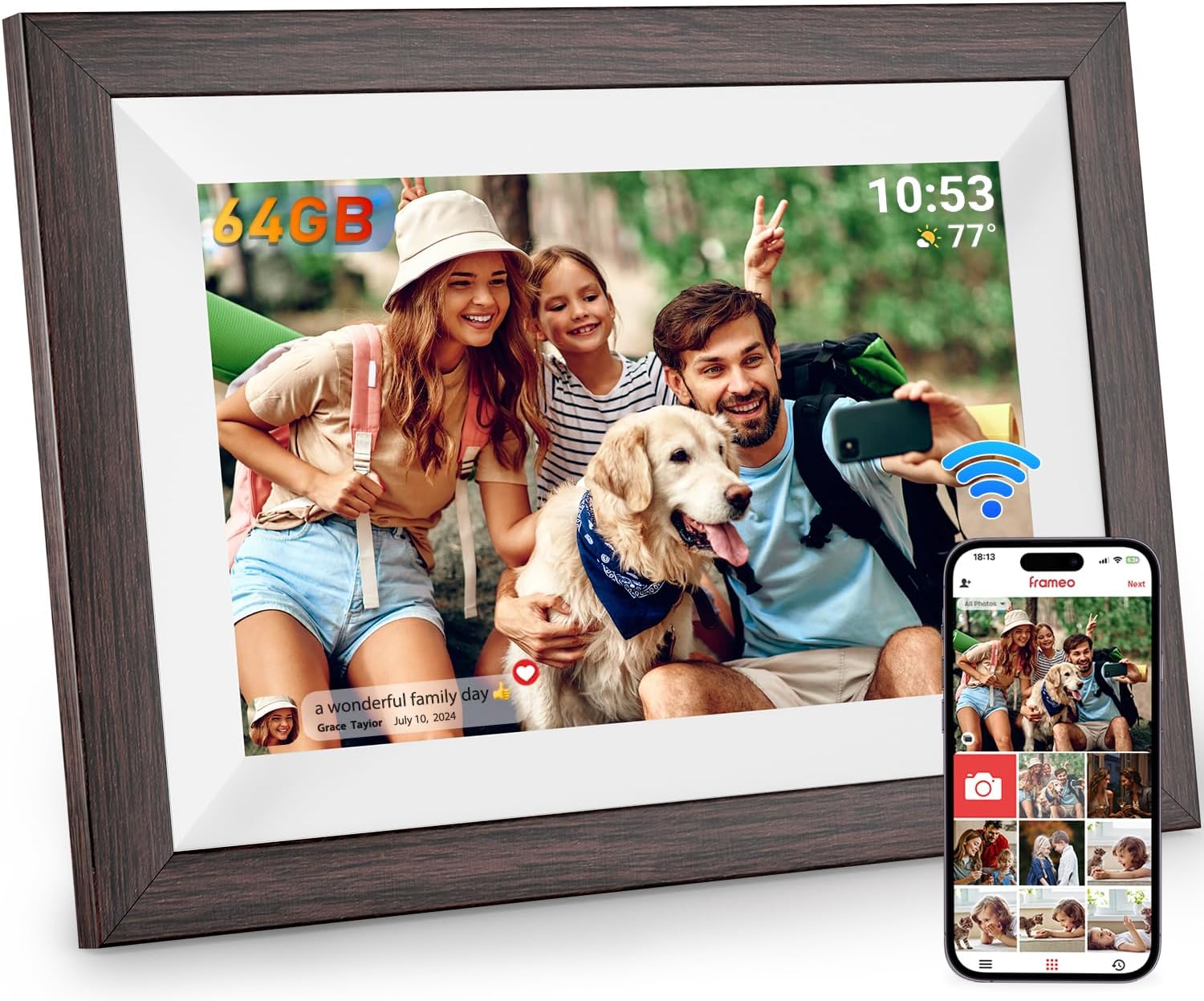 Hesmor 64GB Frameo Digital Photo Frame WiFi 10.1 Inch, 1280x800 IPS LCD Touchscreen, Auto-Rotate and Audio, Quick and Easy Share Photos or Videos via the Frameo App, Electronic Photo Frame