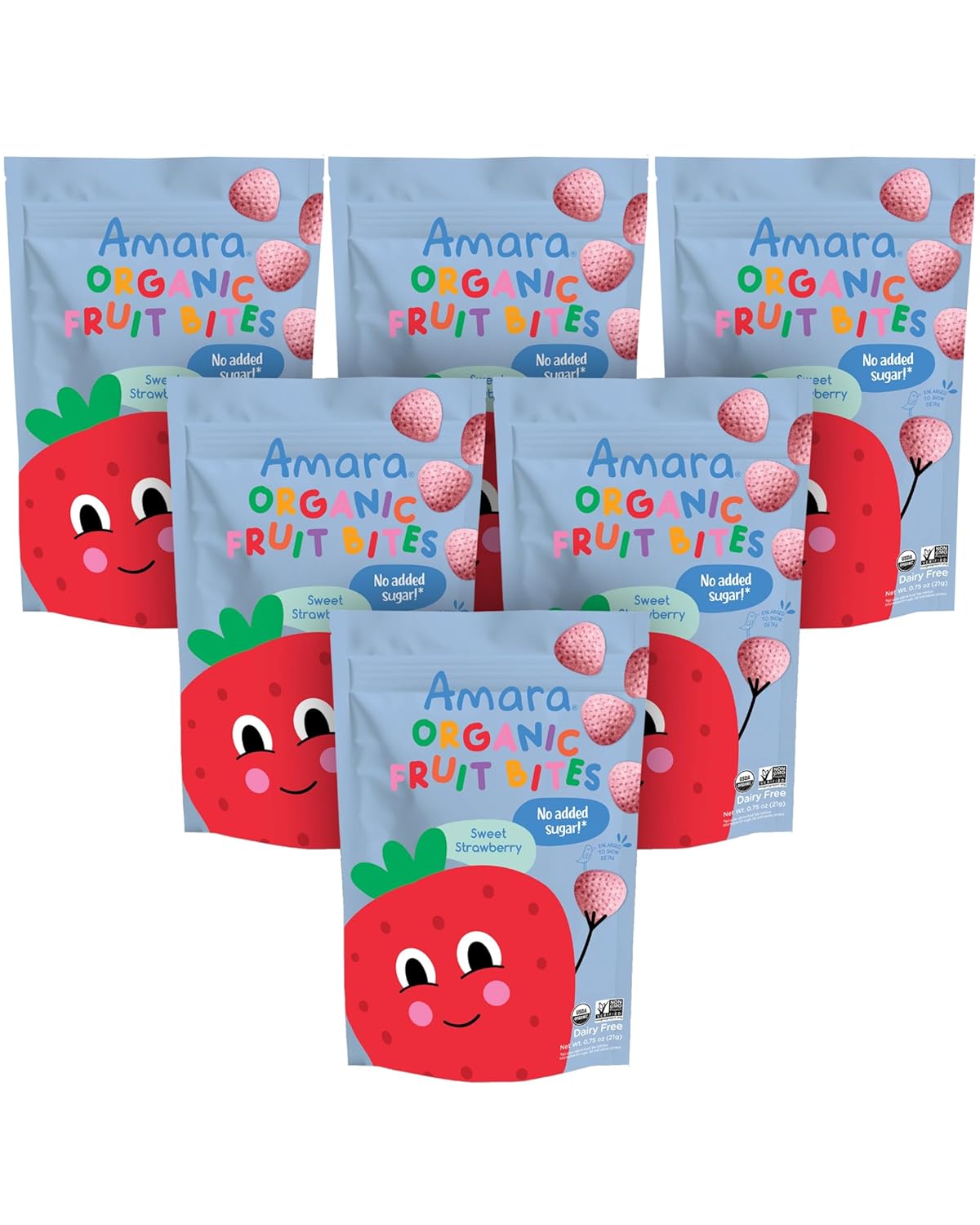 Amara Organic Fruit Bites Sweet Strawberry - No Added Sugar, Dairy-Free, Nut-Free Organic Fruit Snacks, Made with Organic Whole Foods, Allergy-Friendly Healthy Fruit Snacks for Kids - 21g 6PK
