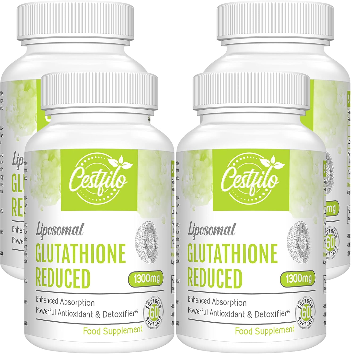 Cestfilo Liposomal Glutathione Reduced 1300 mg, Active Form L Glutathione Reductase (GSH), Powerful Antioxidant for Optimal Cell Protection (60 Count (Pack of 4))
