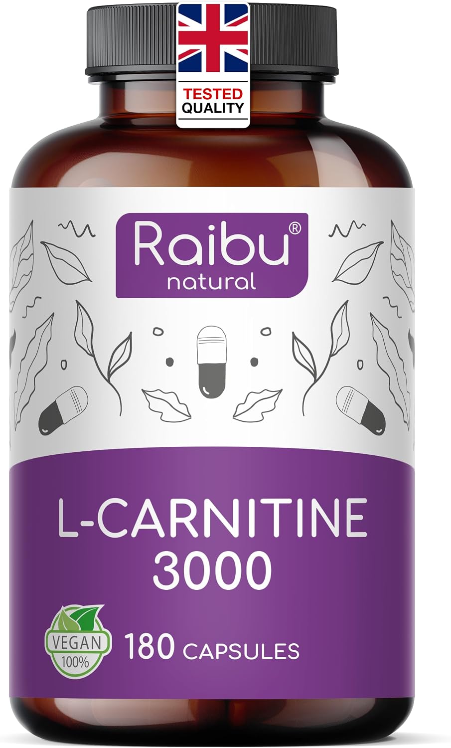 L-Carnitine 3000-180 High-Strength Capsules - L-Carnitine Tartrate 3000mg per Daily Dose - Energy & Metabolism Support - Vegan, Natural & Laboratory Tested - Raibu