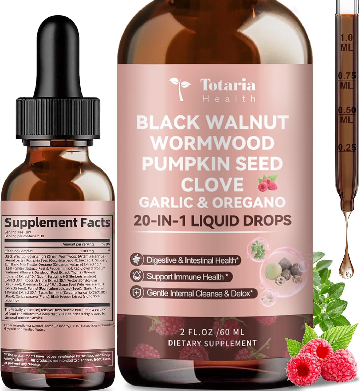 20 in 1 Black Walnut Wormwood Tincture - Clove,Pumpkin Seed,Garlic,Oregano,Berberine - Gentle Gut Cleanse & Digestive Health - Alcohol-Free,Gut-Friendly -Raspberry Flavor - 2FL