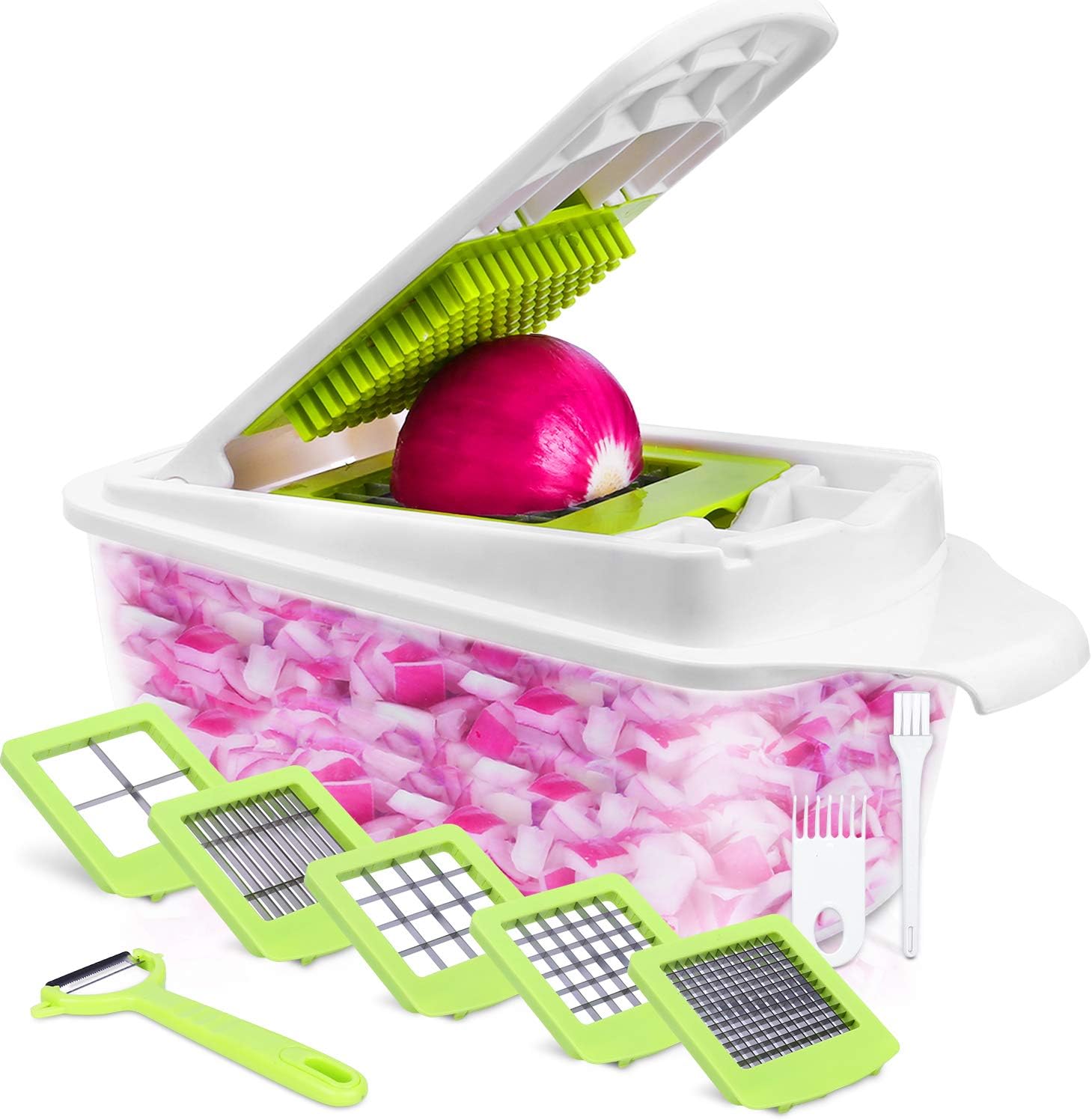 12 in 1 Vegetable Cutter Vegetable Dicer Multifunctional Vegetable Cutter Onion Dicer Onion Cutter Potato Dicer with Container, Peeler, Cleaning Brush