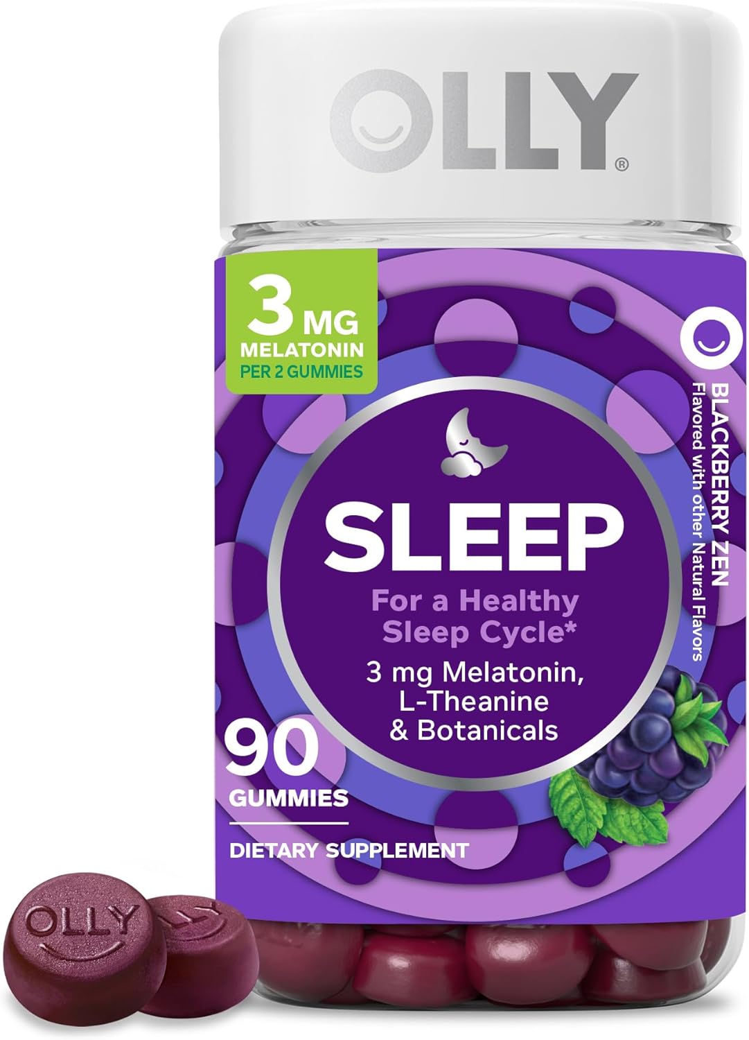 Olly Sleep Gummy, 3mg Melatonin, L-Theanine, Chamomile, Lemon Balm, Sleep Aid, BlackBerry, 90 Count