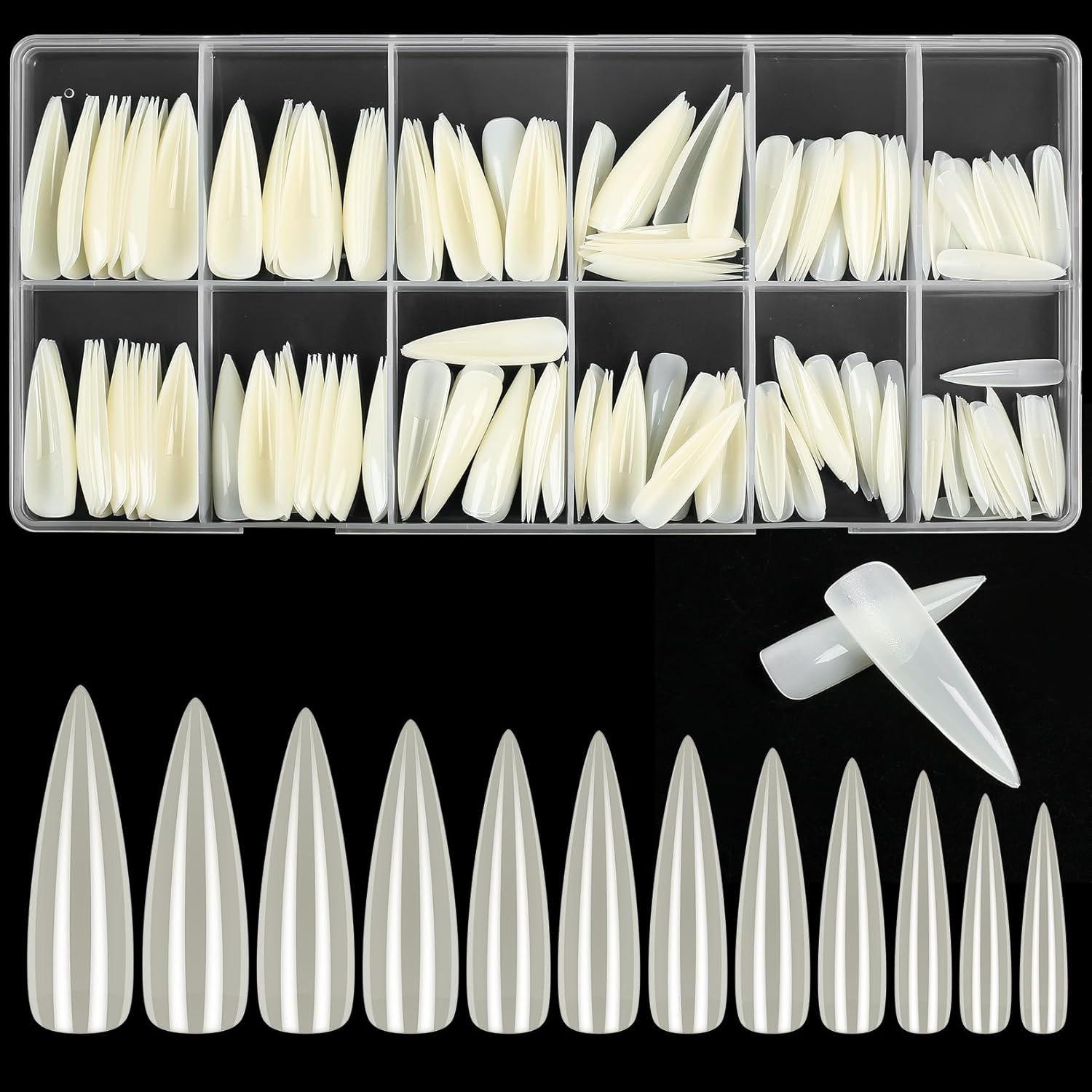 KOXXIAMOQ 240 Pcs Natural Stiletto Fake Nail Tips, No C Curve Soft Gel Full Cover Nail Tips for Extensions, Press on Nails, Long Acrylic False French Nails Traceless (natural)