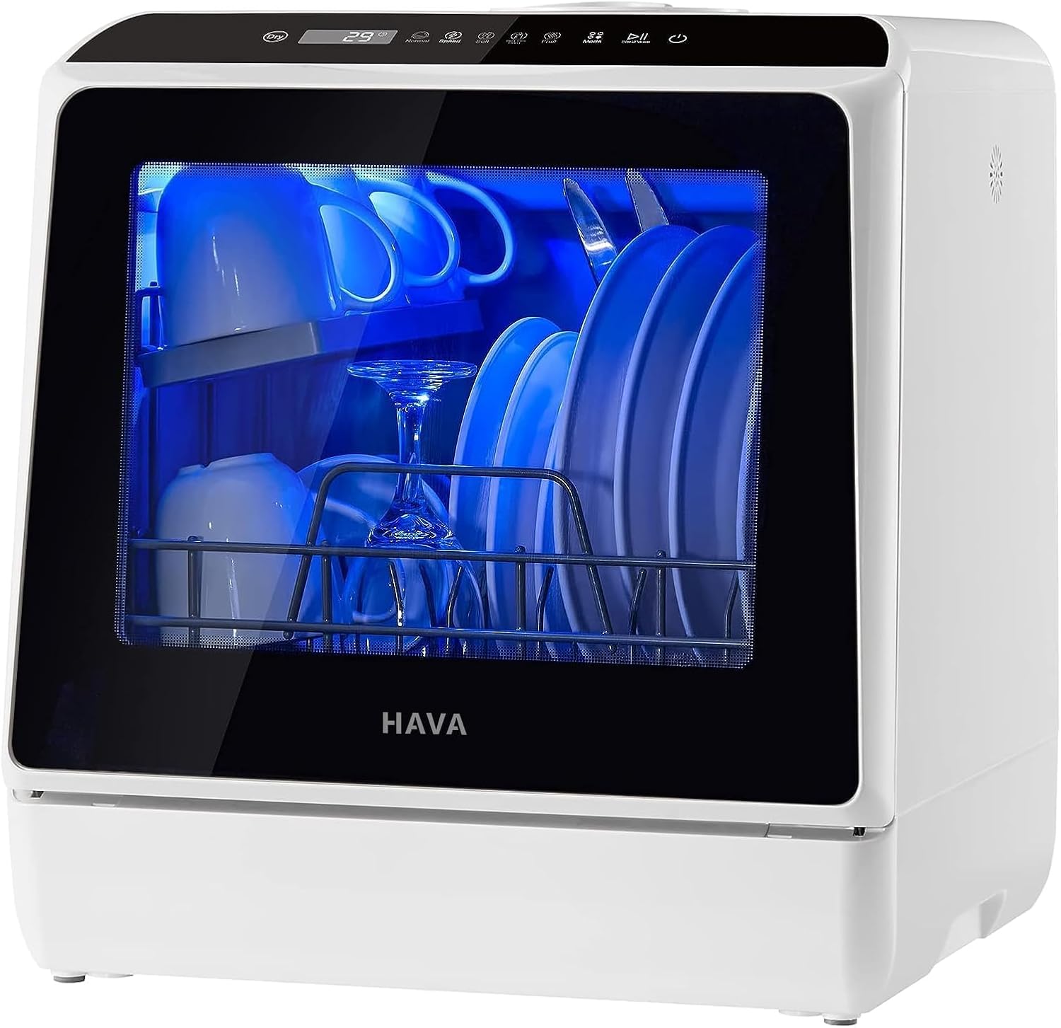 HAVA Table Top Dishwasher, Mini Countertop Dishwasher with 6 Programmes and Built-in 5 Litre Water Tank, No Connection Required, Baby Supplies, and Air Drying Function for Homes and Motorhomes | 5L Built-In Tank & Inlet Hose for Water Supply, Baby Care Mode and Heated Air Drying for Apartments & Motorhomes