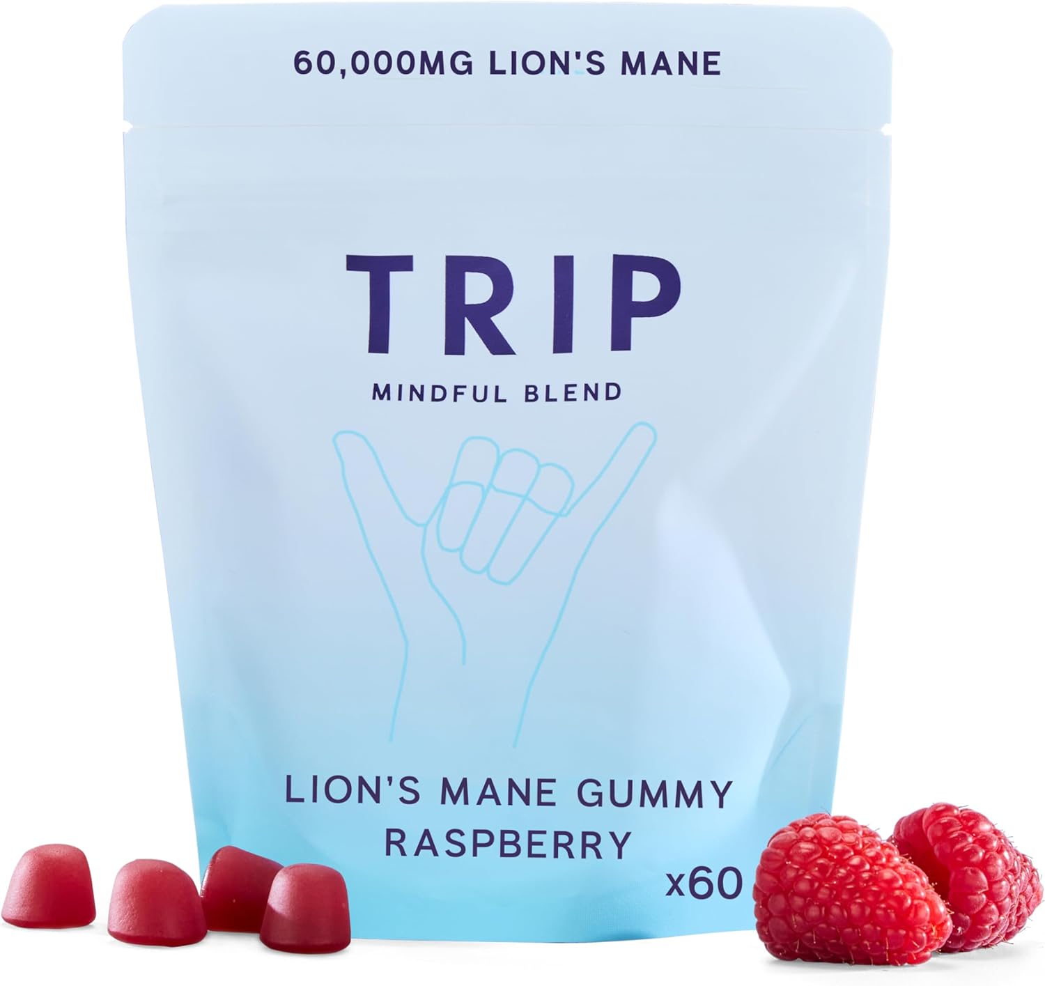 TRIP Lion’s Mane Gummies, Raspberry, High Strength, 60,000MG Lion’s Mane per Pack (60 Gummies), Vegan, Sugar-Free & 3rd Party Tested