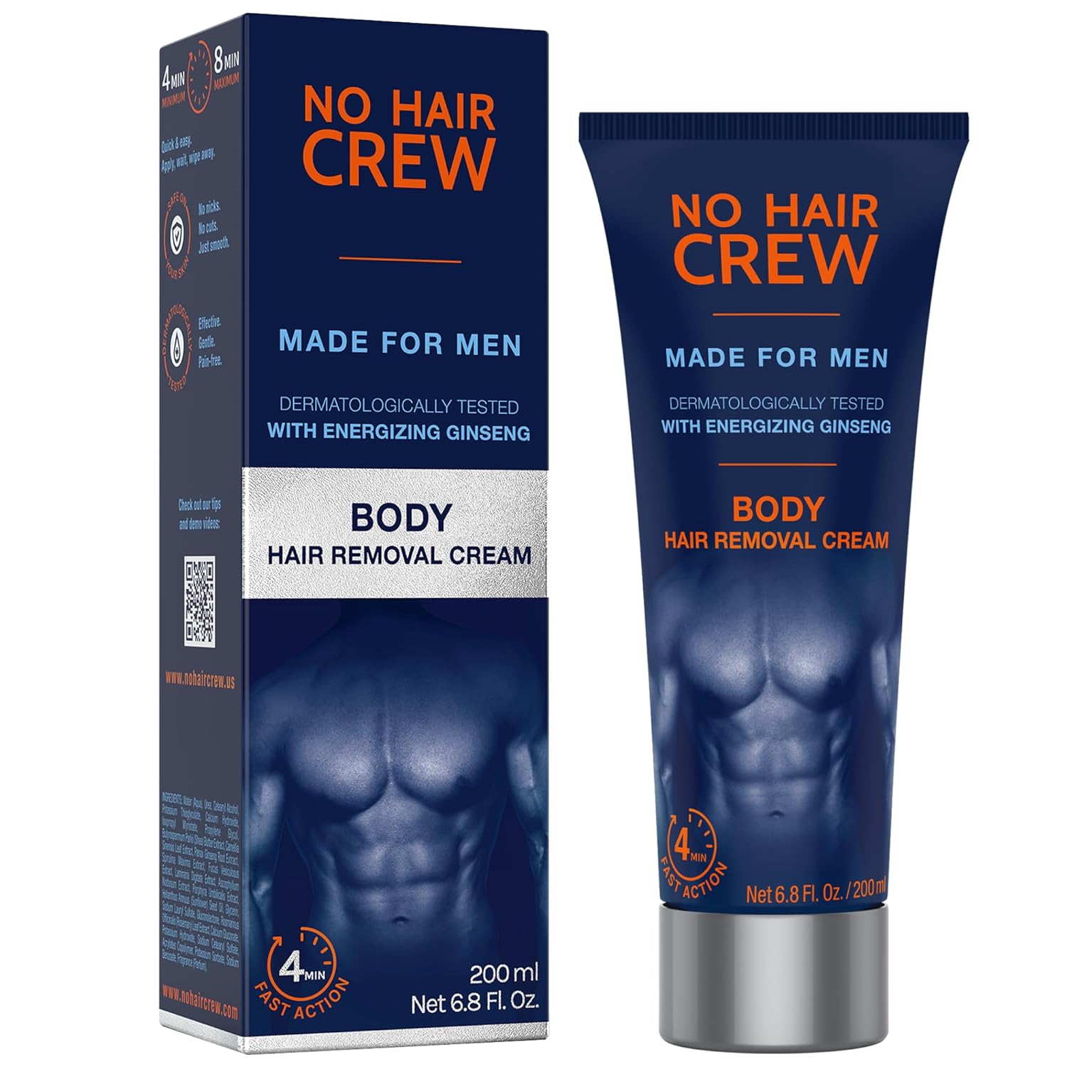 No Hair Crew Body At Home Hair Removal Cream for Manscaping Unwanted Hair with Energizing Ginseng, Premium Depilatory, Painless & Flawless, Made for Men, 200ml