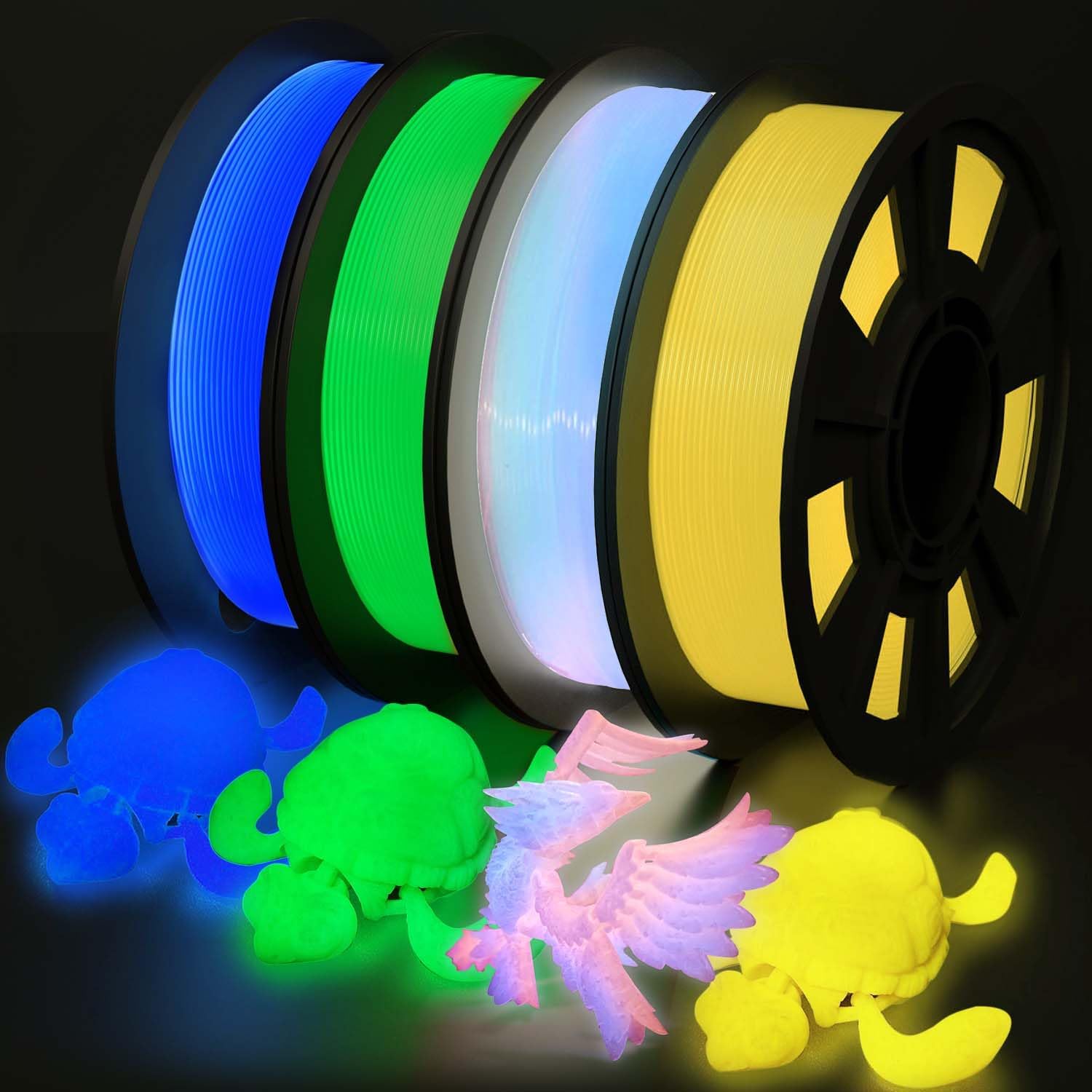 YOUSU 3D Printer Filament Bundle,Glow in The Dark Filament Multicolor,Green,Yellow,Blue and White to Rainbow PLA Filament 1.75 mm