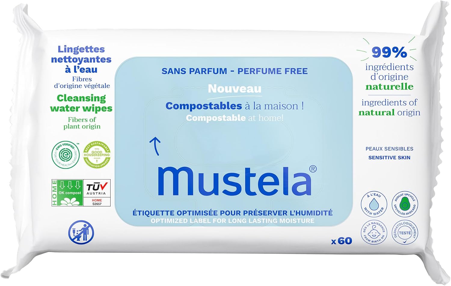 Mustela Compartmentalized wipes, fragrance-free, 60 pieces