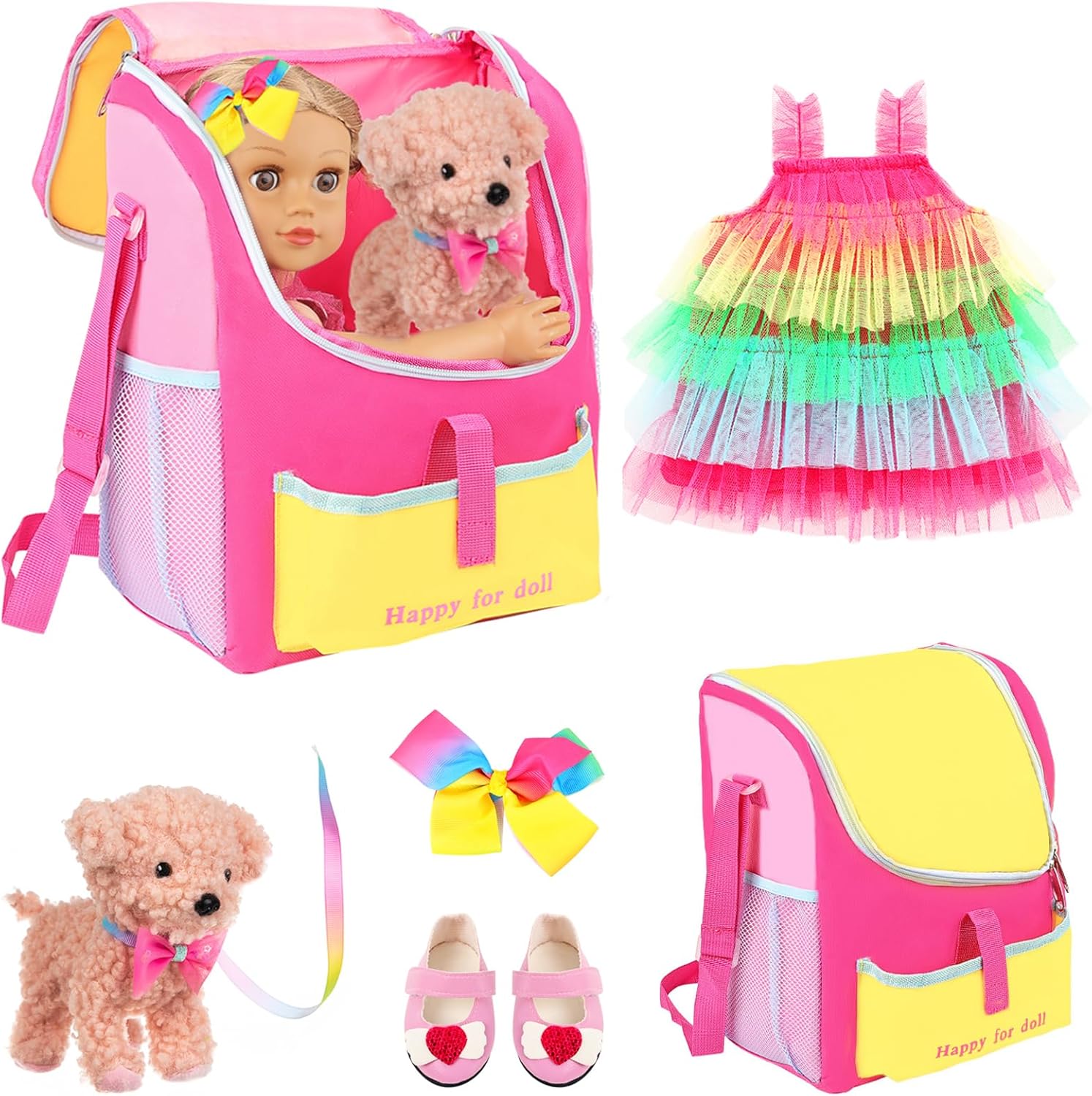 UNICORN ELEMENT 5 Items 18 inch Dolls Bag Carrier Set and Accessories Including 18 Inch Doll Clothes, Shoes, Hairband, Doll Backpack and Toy Dog(NO Doll)