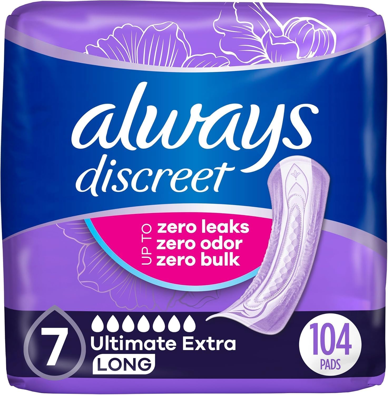 Always Discreet Adult Incontinence Pads for Women, Ultimate Extra Absorbency, Long Length, Postpartum Pads, 104 Count (Packaging May Vary)