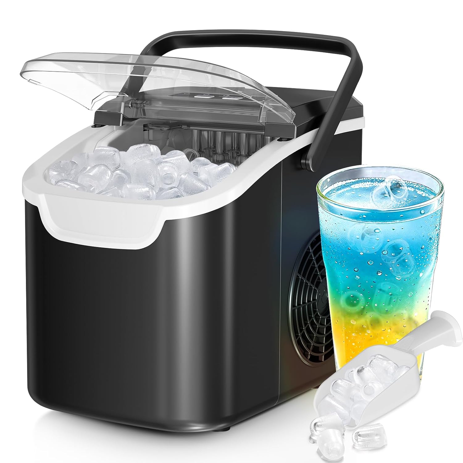 Countertop Ice Maker Machine – 8 Bullet Ice in 6 Mins, 26lbs/24Hrs Output – Self-Cleaning Portable Design with Selectable Ice Size & Touch Display for Home/Office/Bar
