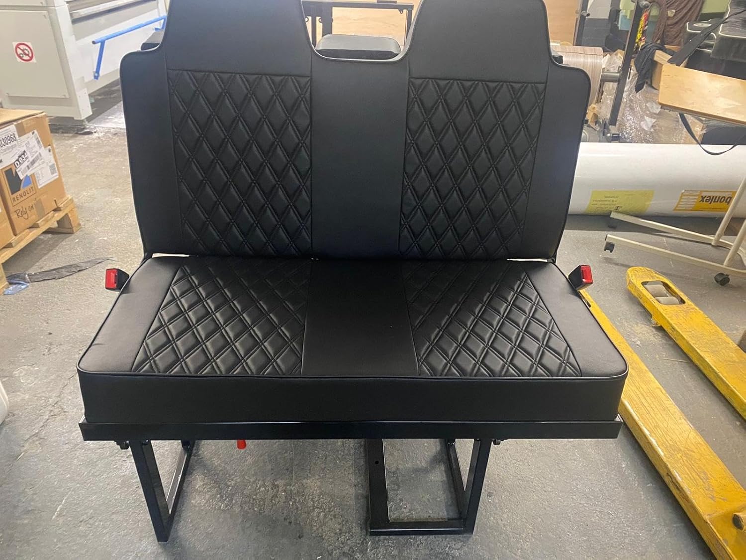 Lusso 4PC 3/4 110cm Potti Frame,Bentley Style Double Diamond Black, Black Piping, Rock & Roll Bed, VW T4 T5 T6 Transit Vivaro Trafic. Seat Belts Gas Strut Fabric