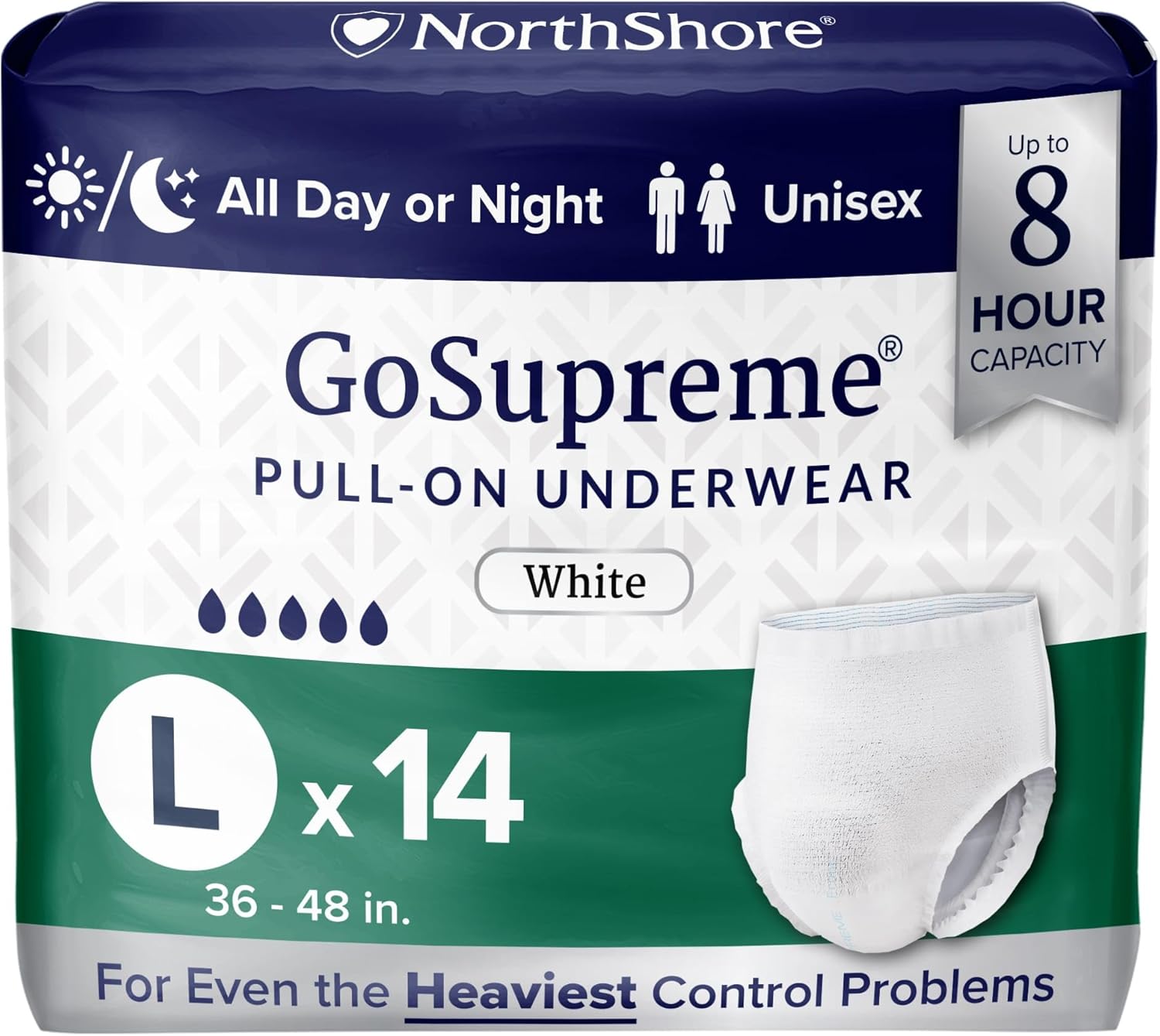 NorthShore GoSupreme Overnight Incontinence Underwear, 8-Hour Pullup Style, Large, 14 Count Bag, White, 36-48 inches, Unisex Adult Diapers