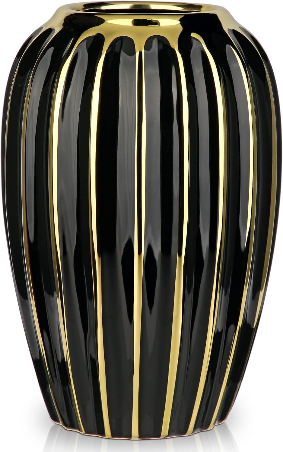 Briful Black Gold Ceramic Vase Home Decor, Ribbed Design, Porcelain Decorative Flower Vase, 9.8'' Tall Floral Vases for Table Desk Wedding Decoration