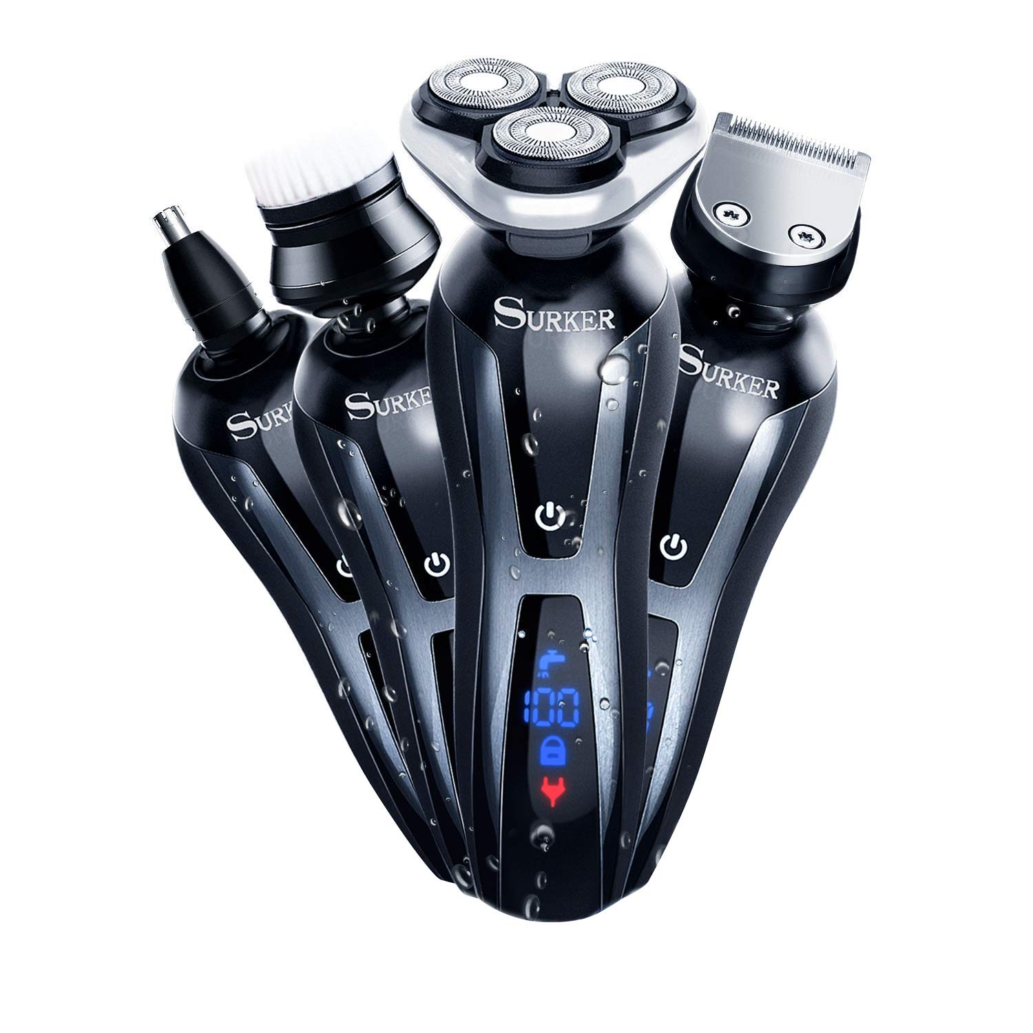 SURKER Electric Shaver Razor Cordless Beard Trimmer for Men Nose Hair Trimmer 3 in 1 Grooming Kit Plus 1 Facial Cleansing Brush Waterproof USB Rechargeable Dry Wet