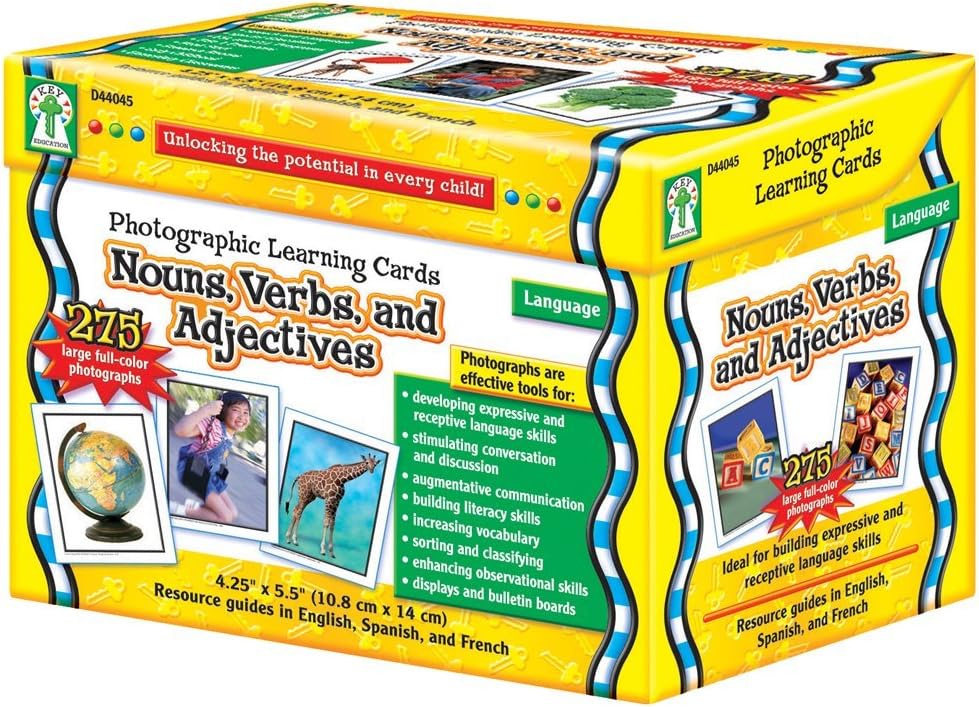 Key Education Nouns, Verbs, and Adjectives Photographic Learning Cards, 275 Vocabulary Flash Cards, Parts of Speech Picture Games, Learning Resources for Preschool, ESL, and Special Needs